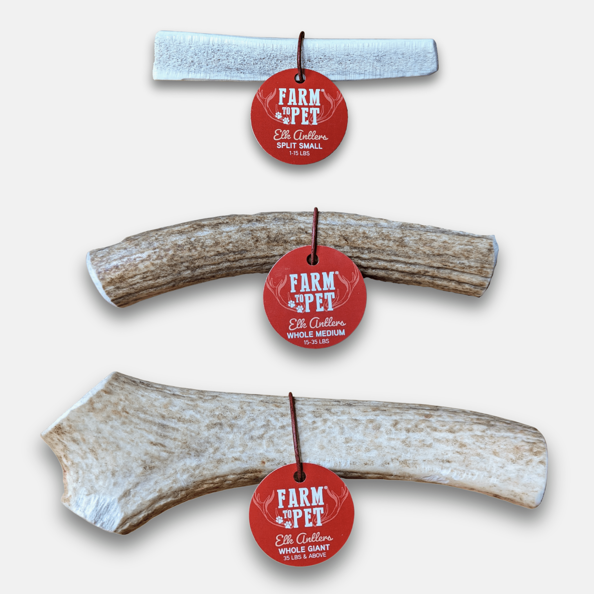 Three Elk antlers with 'Farm to Pet' labels on a white background.
