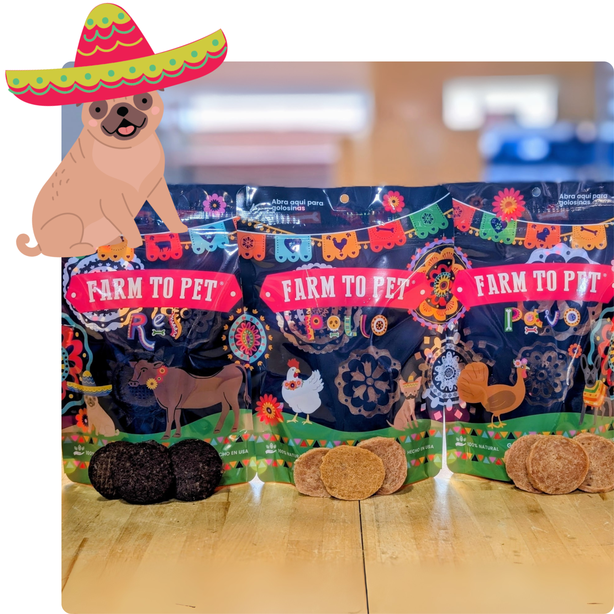 Three bags of Dog treats with 'Farm to Pet' branding on a wooden surface, featuring a cartoon dog in a sombrero.