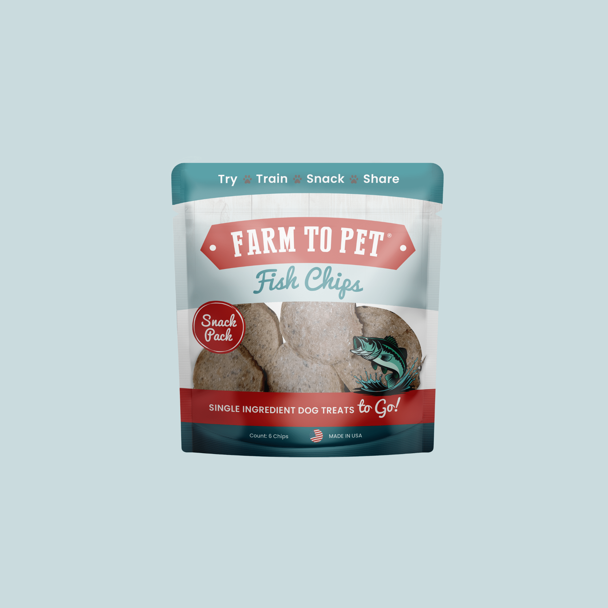 A package of Farm to Pet Fish Chips on a light blue background.