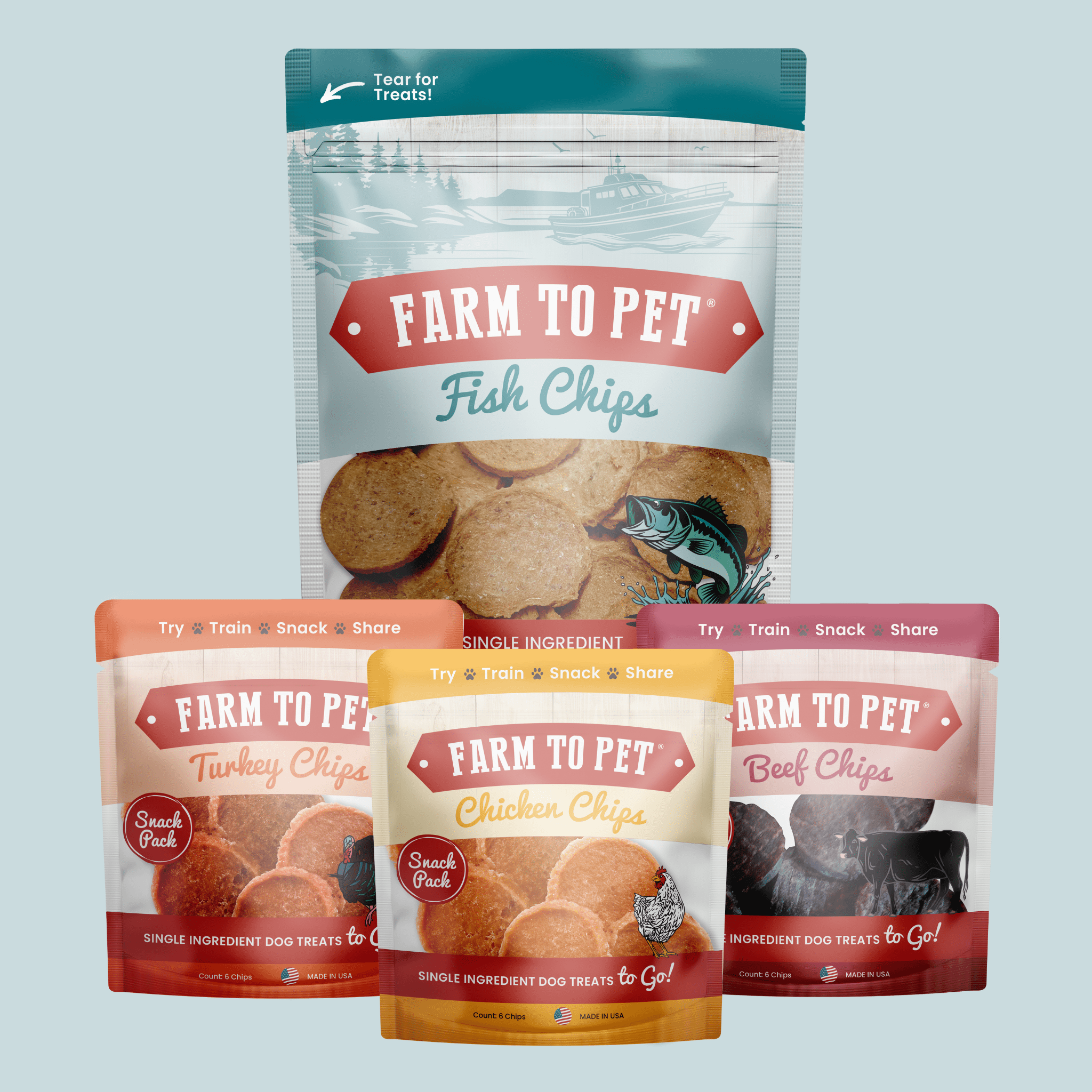 Farm to Pet dog treat packages on a light blue background.
