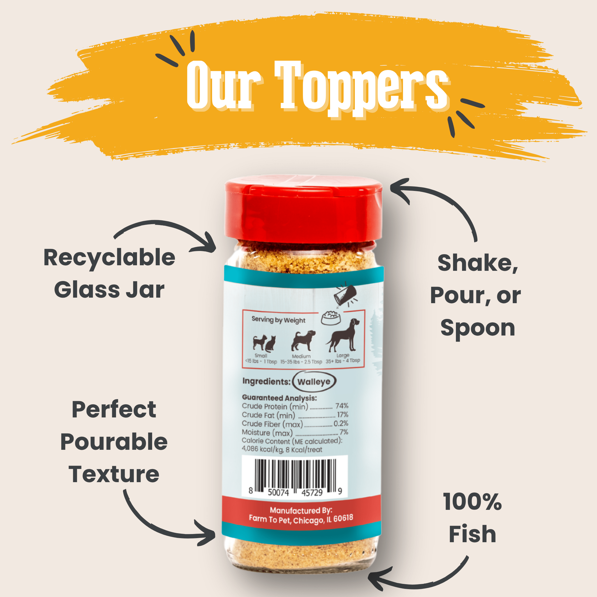 A bottle of Farm to Pet Fish Treat Toppers  with text highlighting features like recyclable glass jar, perfect pourable texture, and 100% walleye fish content.