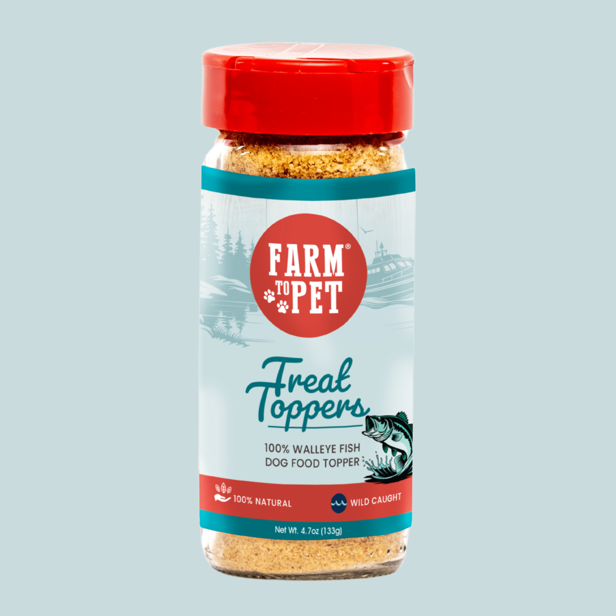 Bottle of Farm to Pet Fish Treat Toppers with a red lid is a dog food topper on a light blue background.