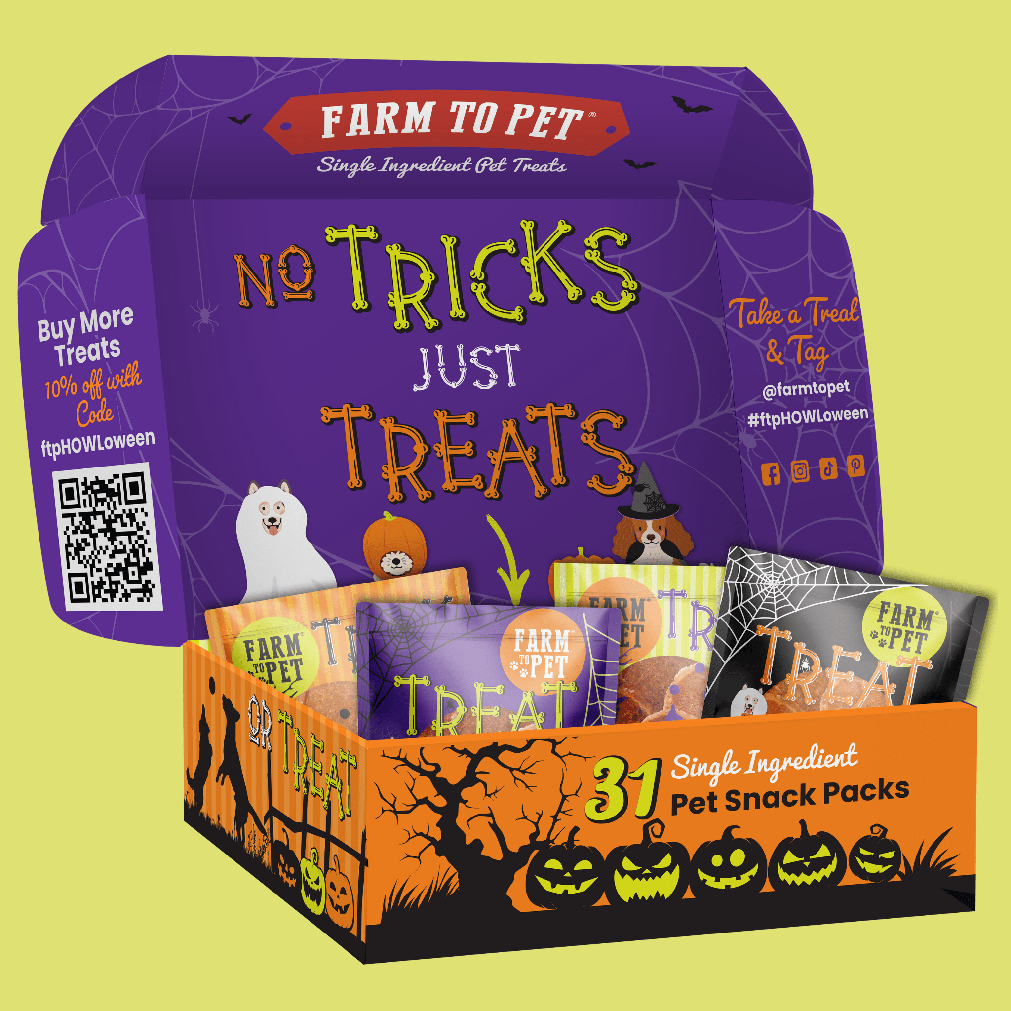 An open box of Farm to Pet 31 Snack Packs  with Halloween-themed design on a yellow background