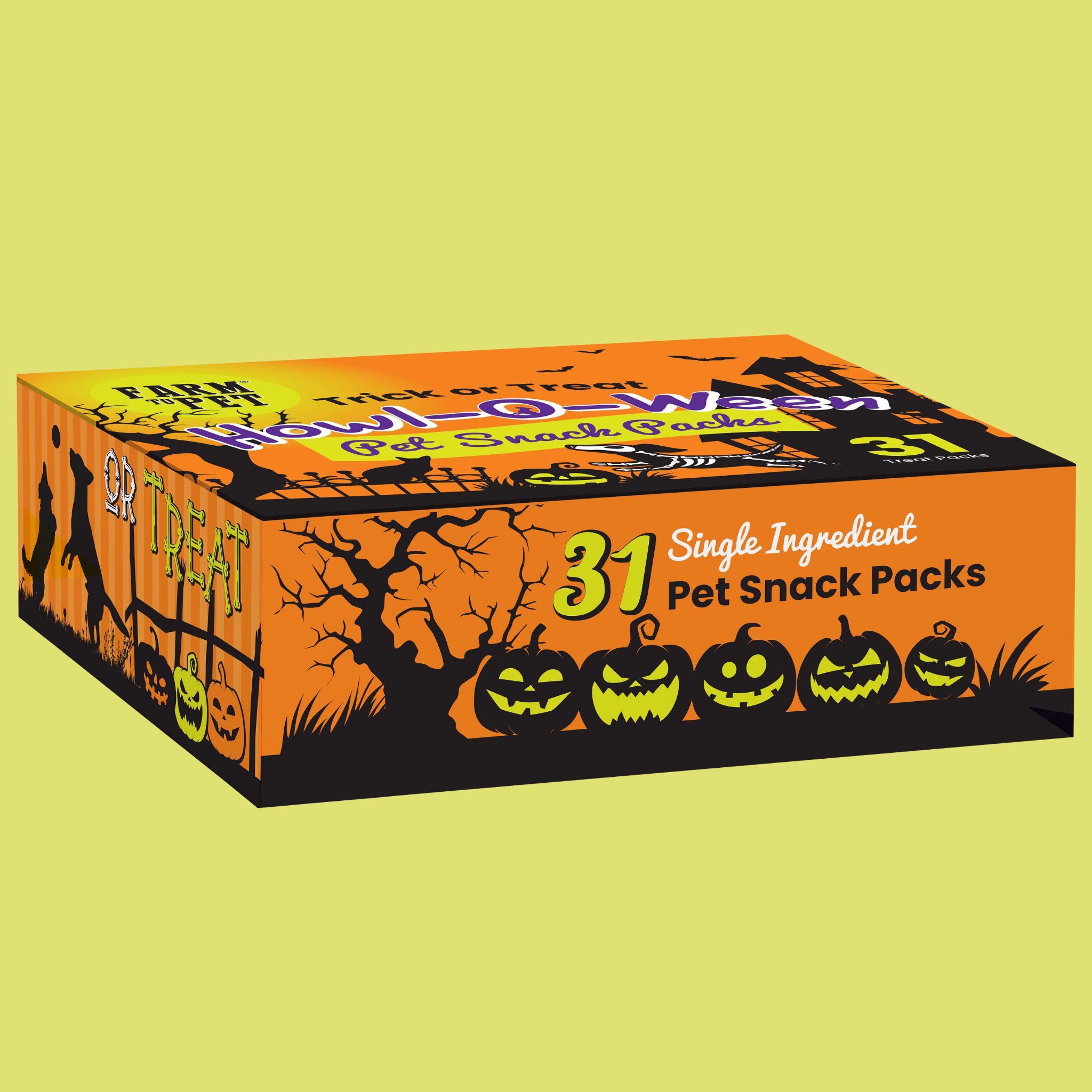 A Farm to Pet Halloween-themed pet snack packs box on a yellow background. Close side view 
