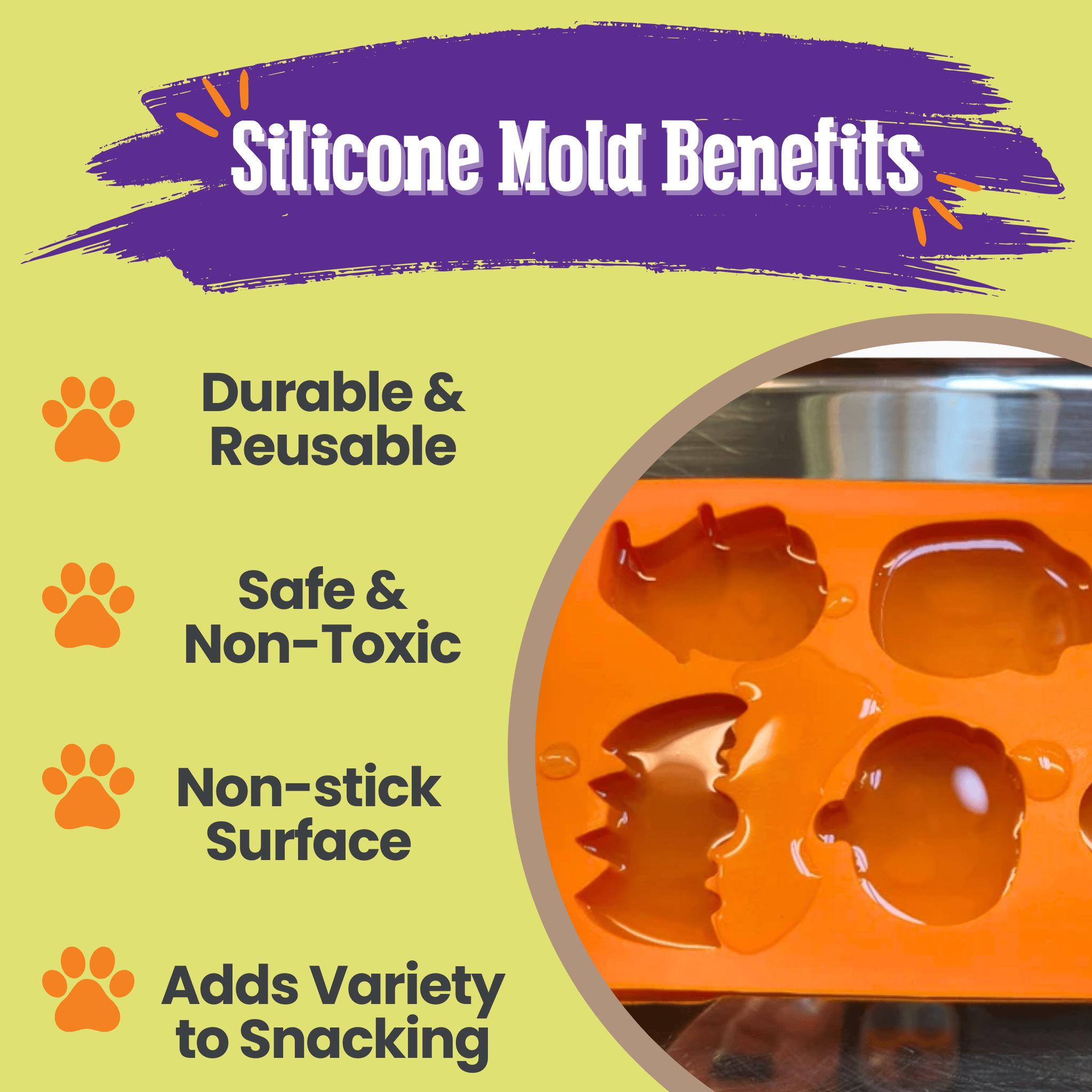 Farm to Pet Treat Mold made of orange Silicone with benefits listed on a green background.