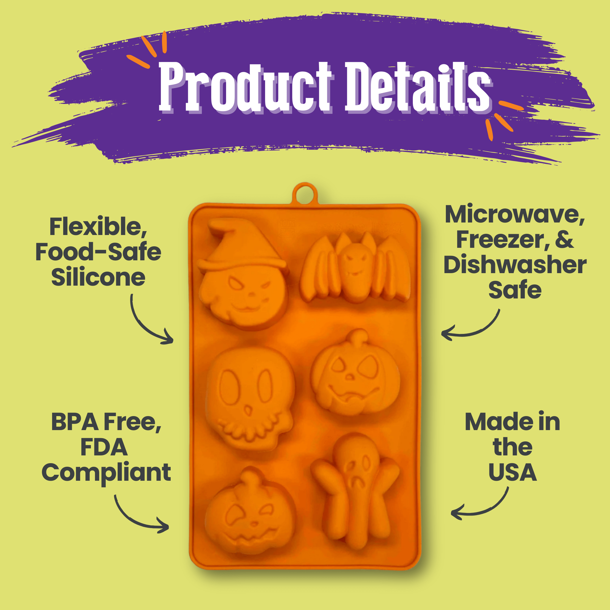 Farm to Pet Treat Mold Halloween-themed  orange silicone mold on a yellow background with product details text. Back of Mold 
