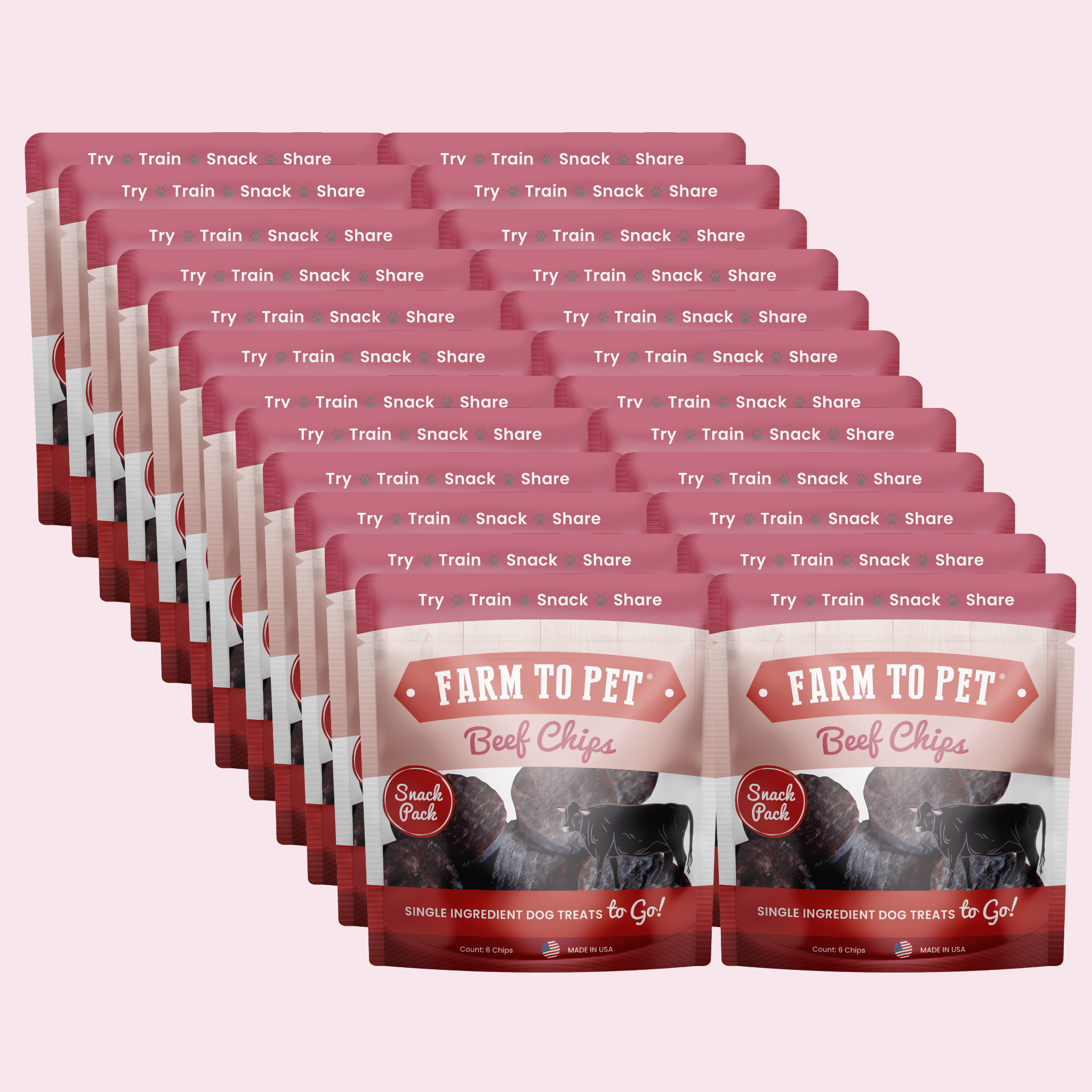 Multiple packages of Farm to Pet Beef Chips on a white background.