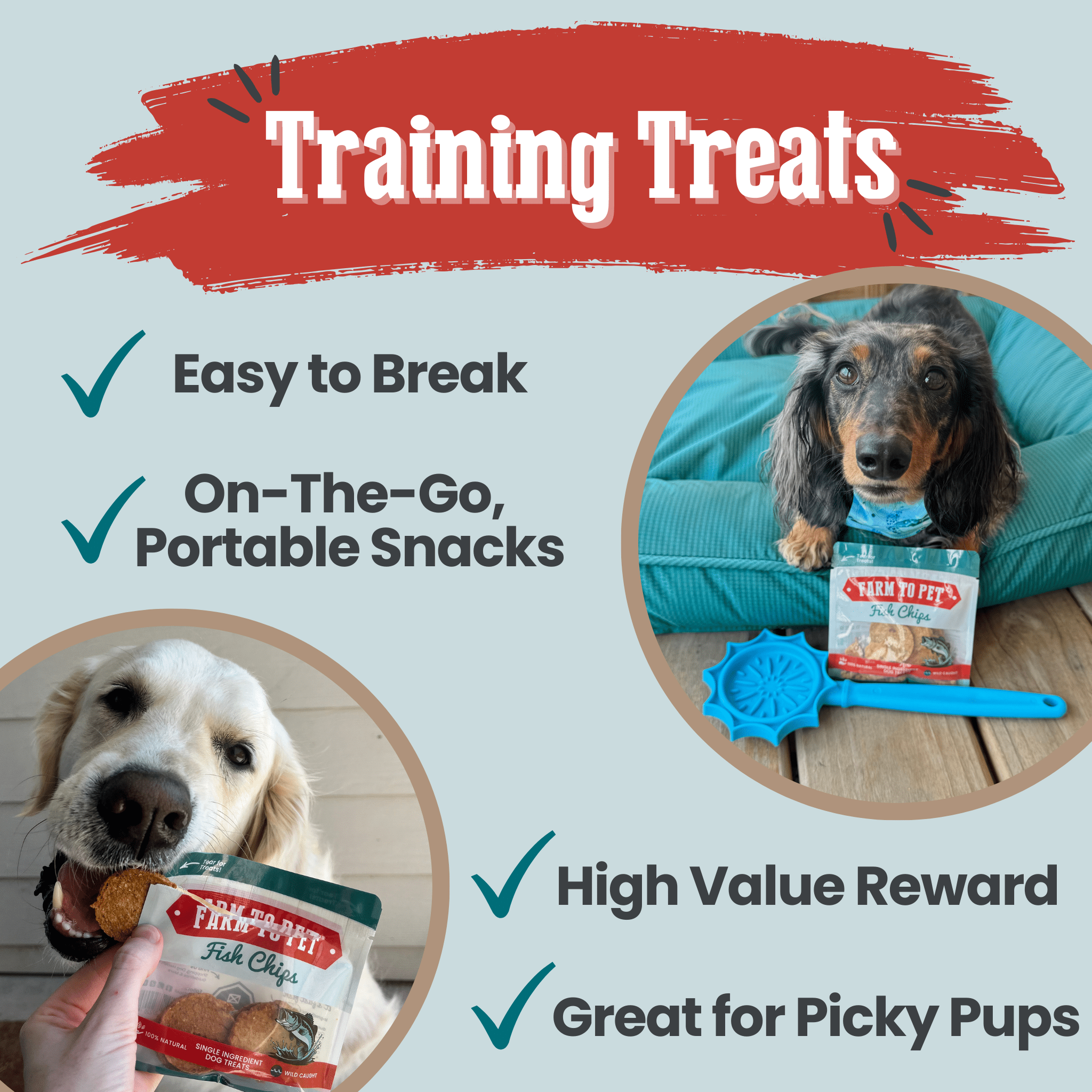 Farm to Pet Fish Chips training treats packaging with a dog eating a treat and another one laying on a blue dog bed and text highlighting features.