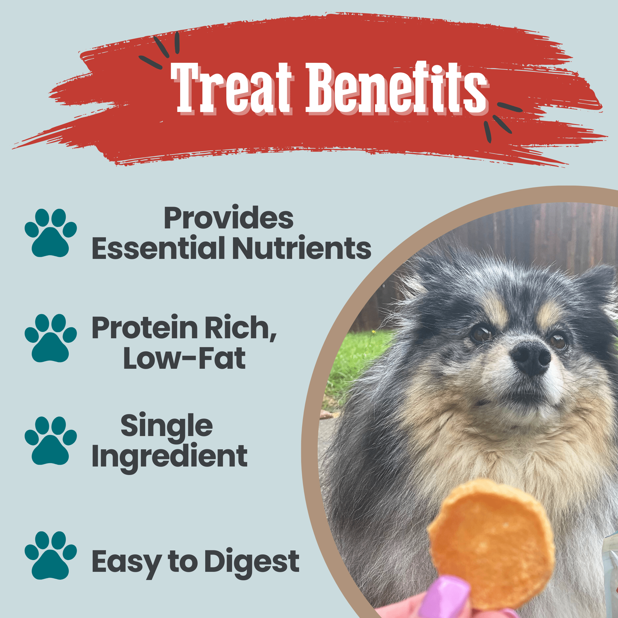 A dog being fed a Farm to Pet treat with text highlighting benefits on a light blue background.
