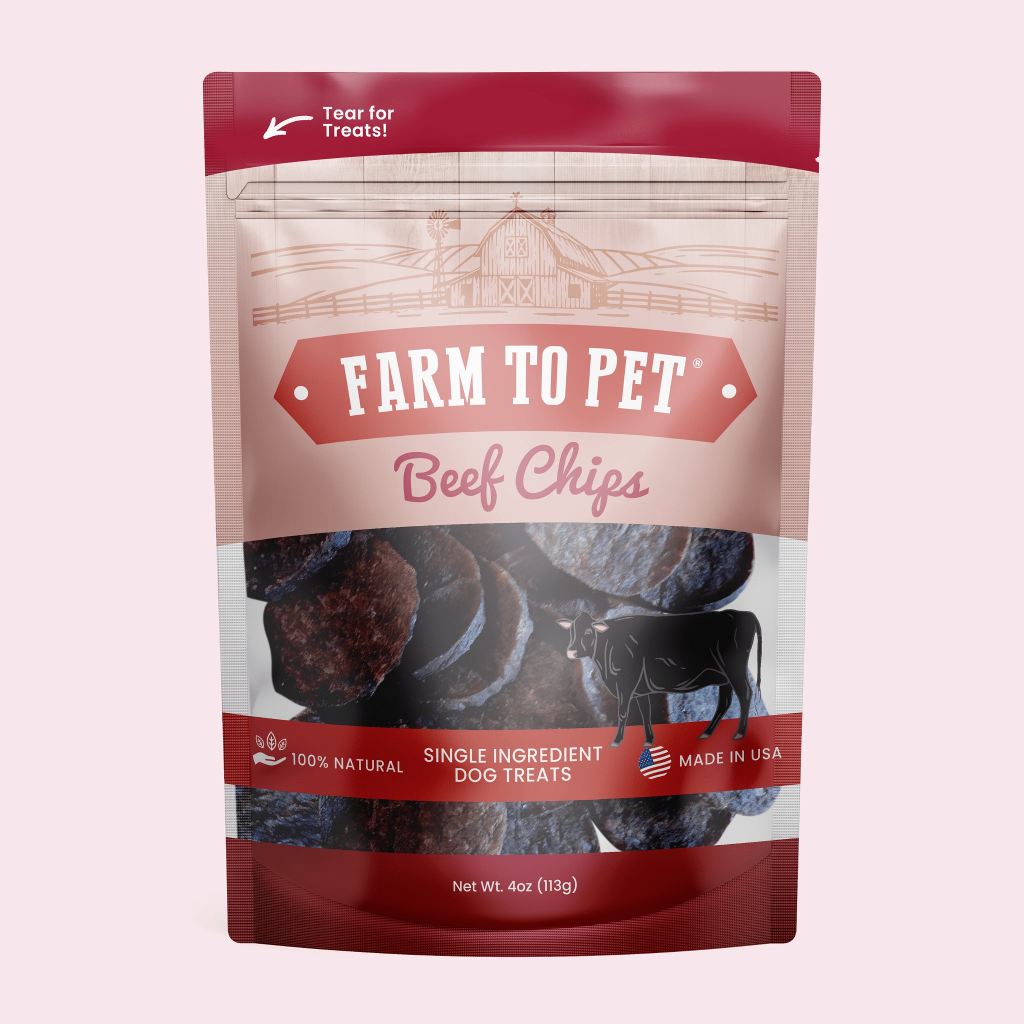 A Package of Farm to Pet Beef Chips dog treats on a pink background.