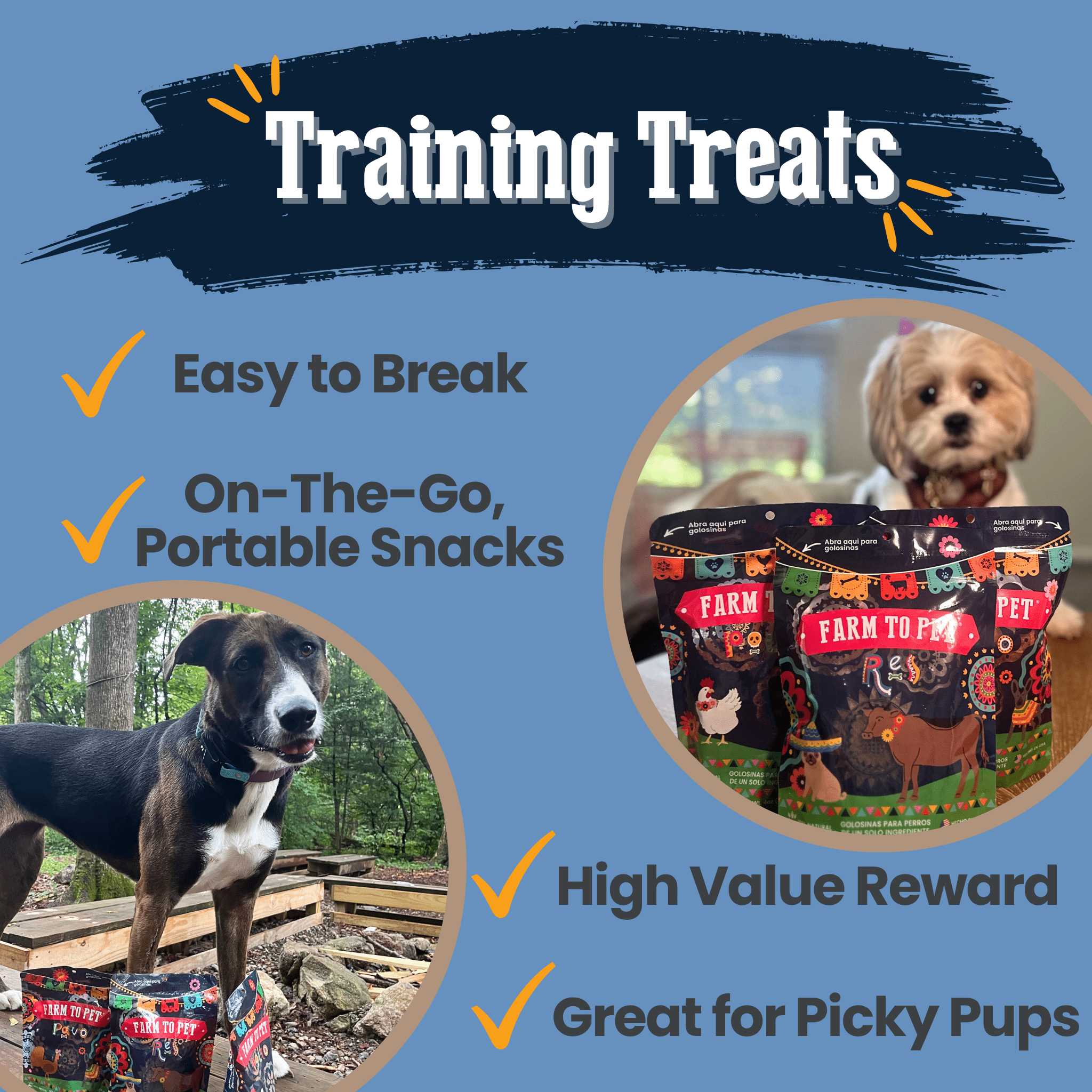 Farm to Pet dog training treats packaging with images of a two dogs near by and text highlighting features.