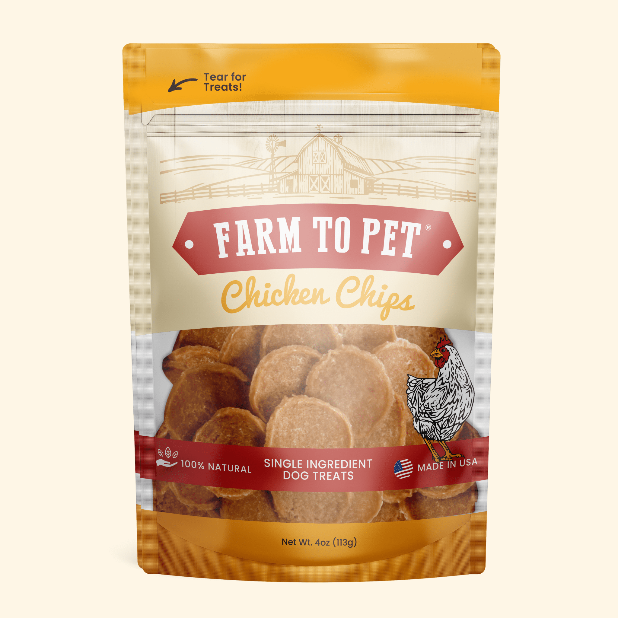 Package of Farm to Pet Chicken Chips dog treats on a white background.