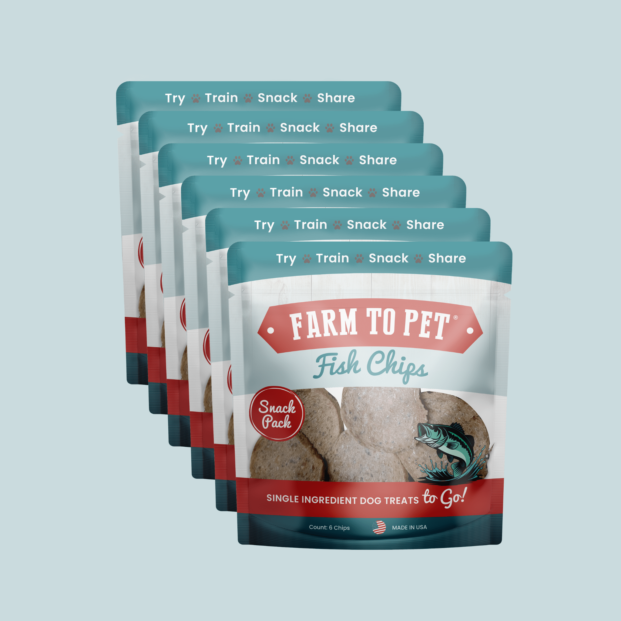 Multiple packages of Farm to Pet Fish Chips on a light blue background.