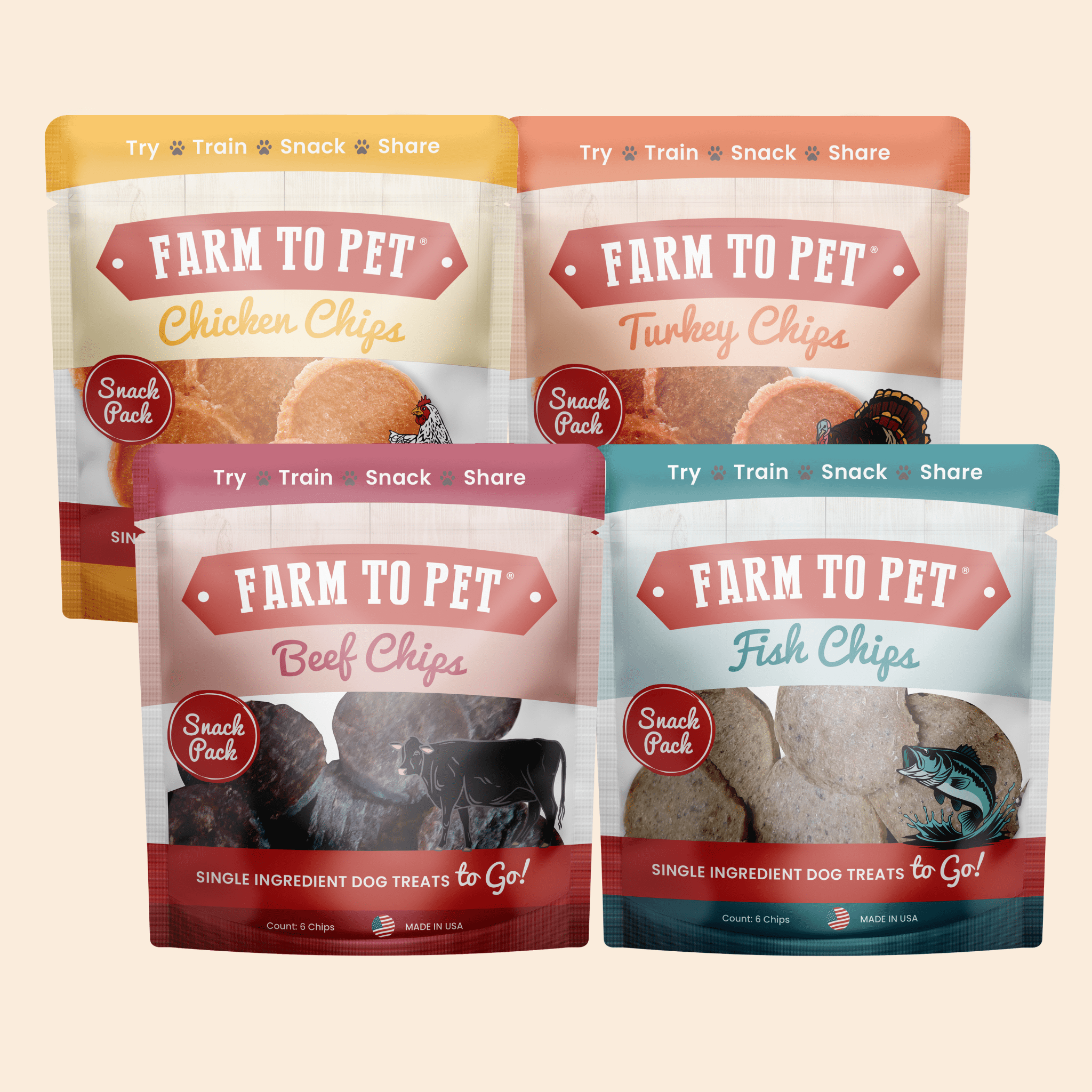 Four packages of Farm to Pet dog treats on a beige background .