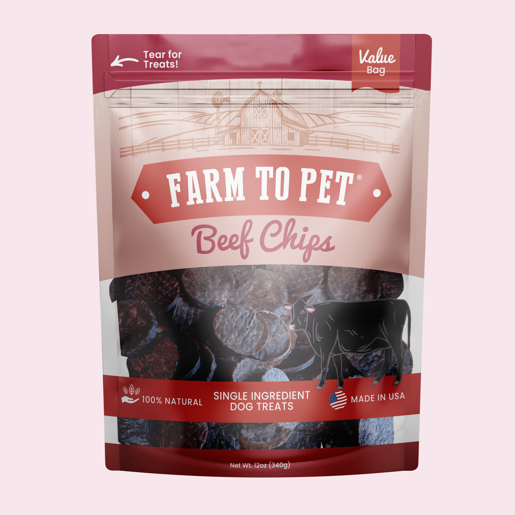 A Package of Farm to Pet beef chips dog treats on a pink background.