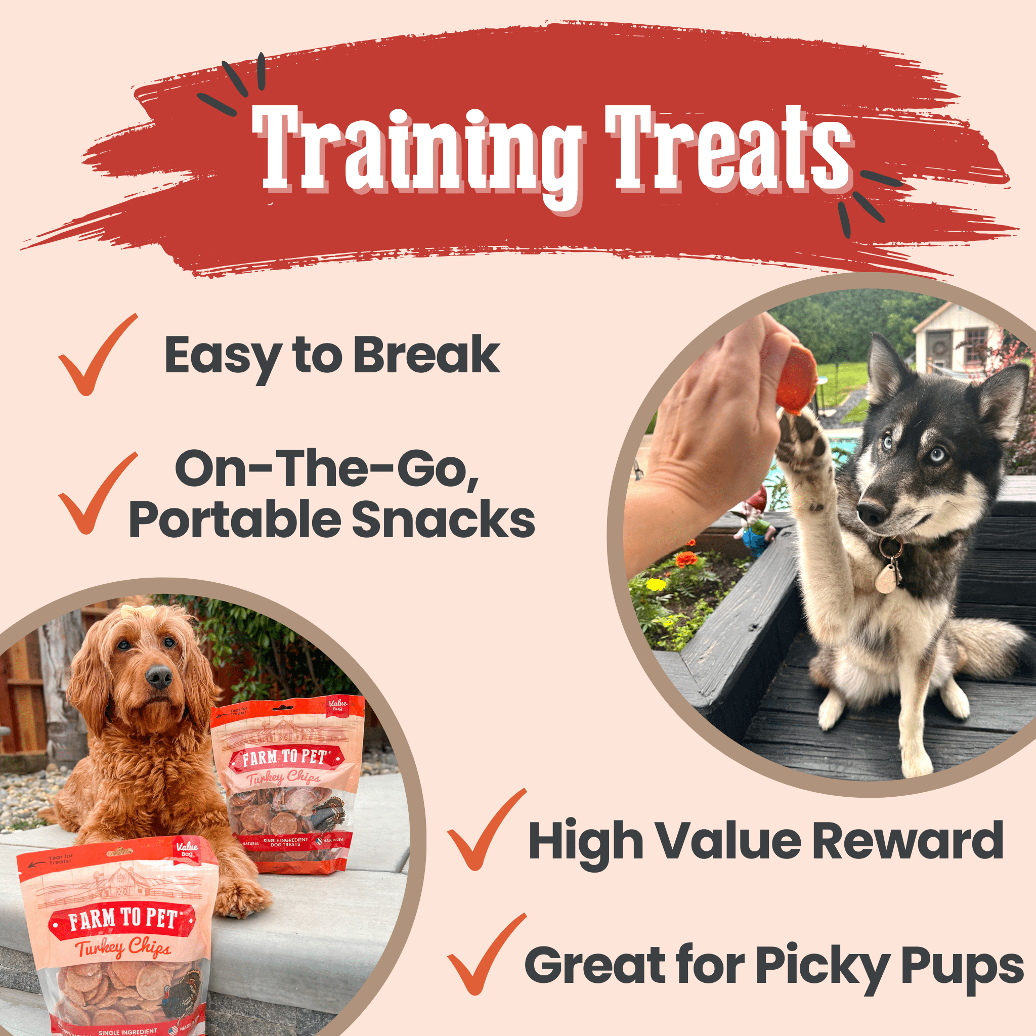Farm to Pet Dog training treats with images of two dogs and text highlighting features.