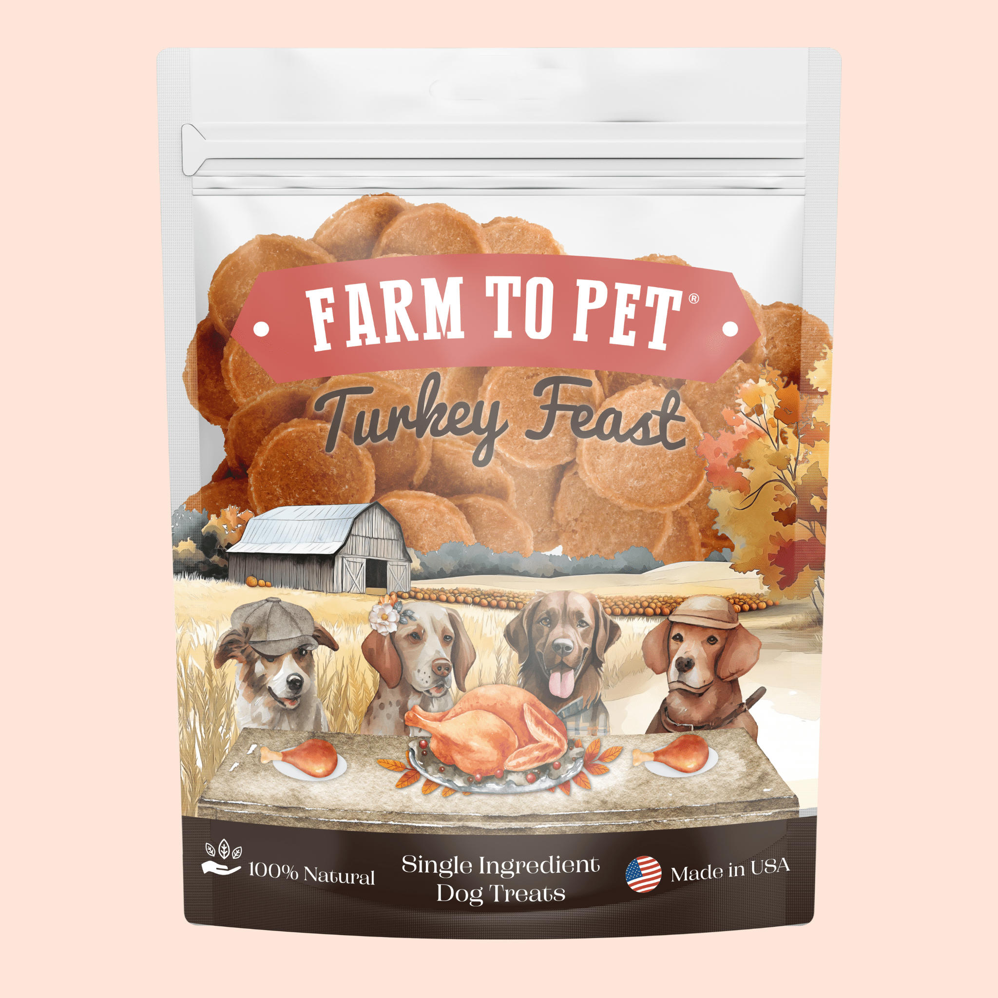 Dog treats packaging labeled Farm to Pet Turkey Feast with illustrations of dogs sitting at a table with a turkey on a pink background of a farm scene.