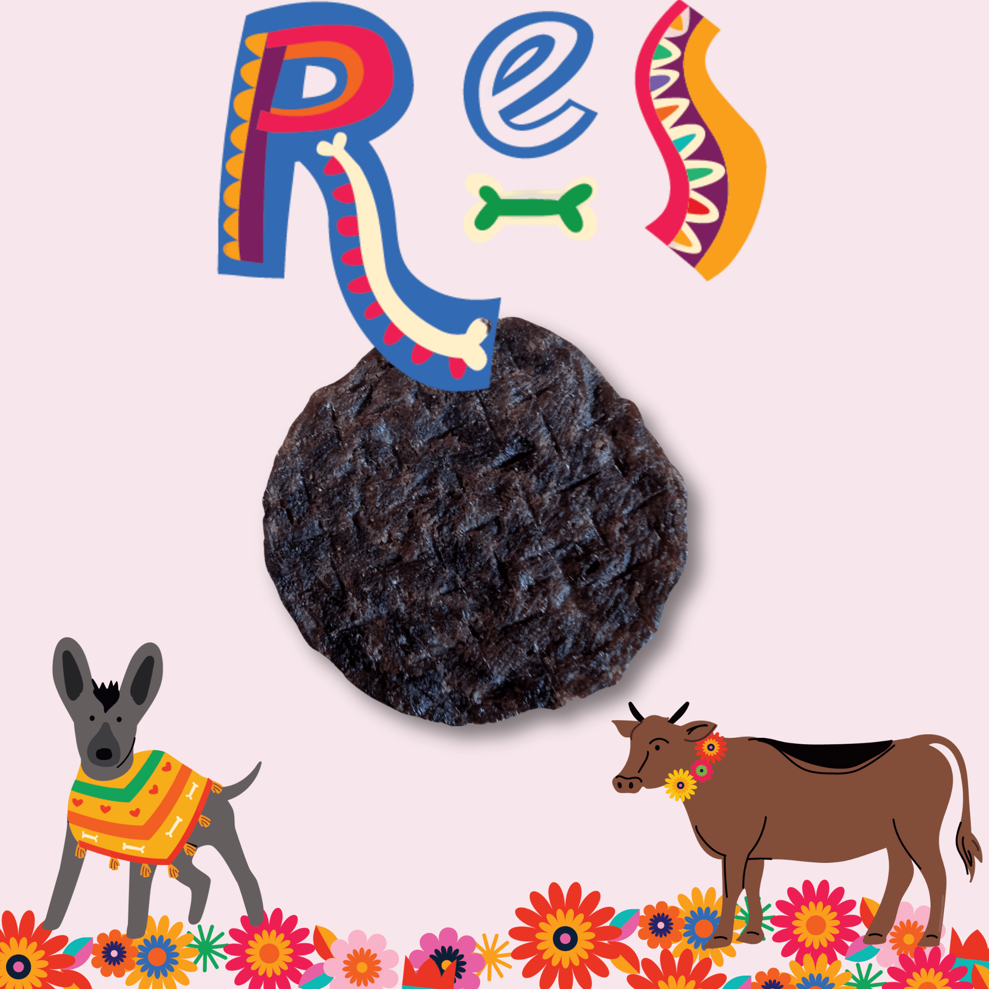 A Farm to Pet Beef (RES) Chip featured in the center with a dog and a cow and flowers as a border on the bottom.