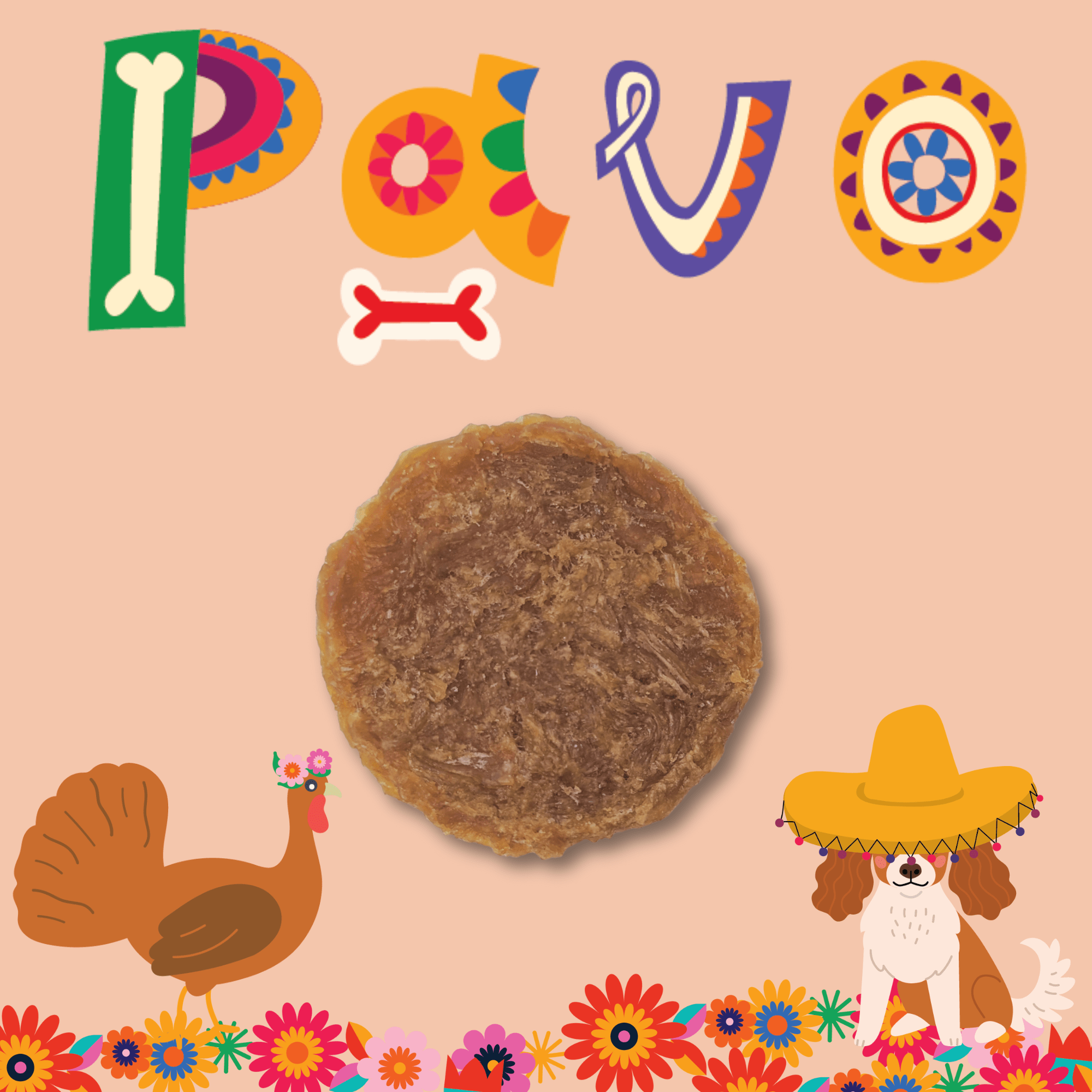 A Farm to Pet Turkey (Pavo) Chip featured in the center with a dog and a turkey and flowers as a border on the bottom.