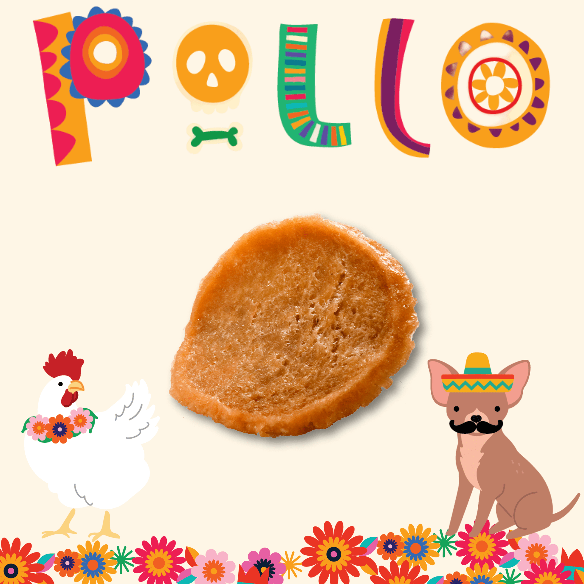 A Farm to Pet Chicken (Pollo) Chip featured in the center with a dog and a chicken and flowers as a border on the bottom.