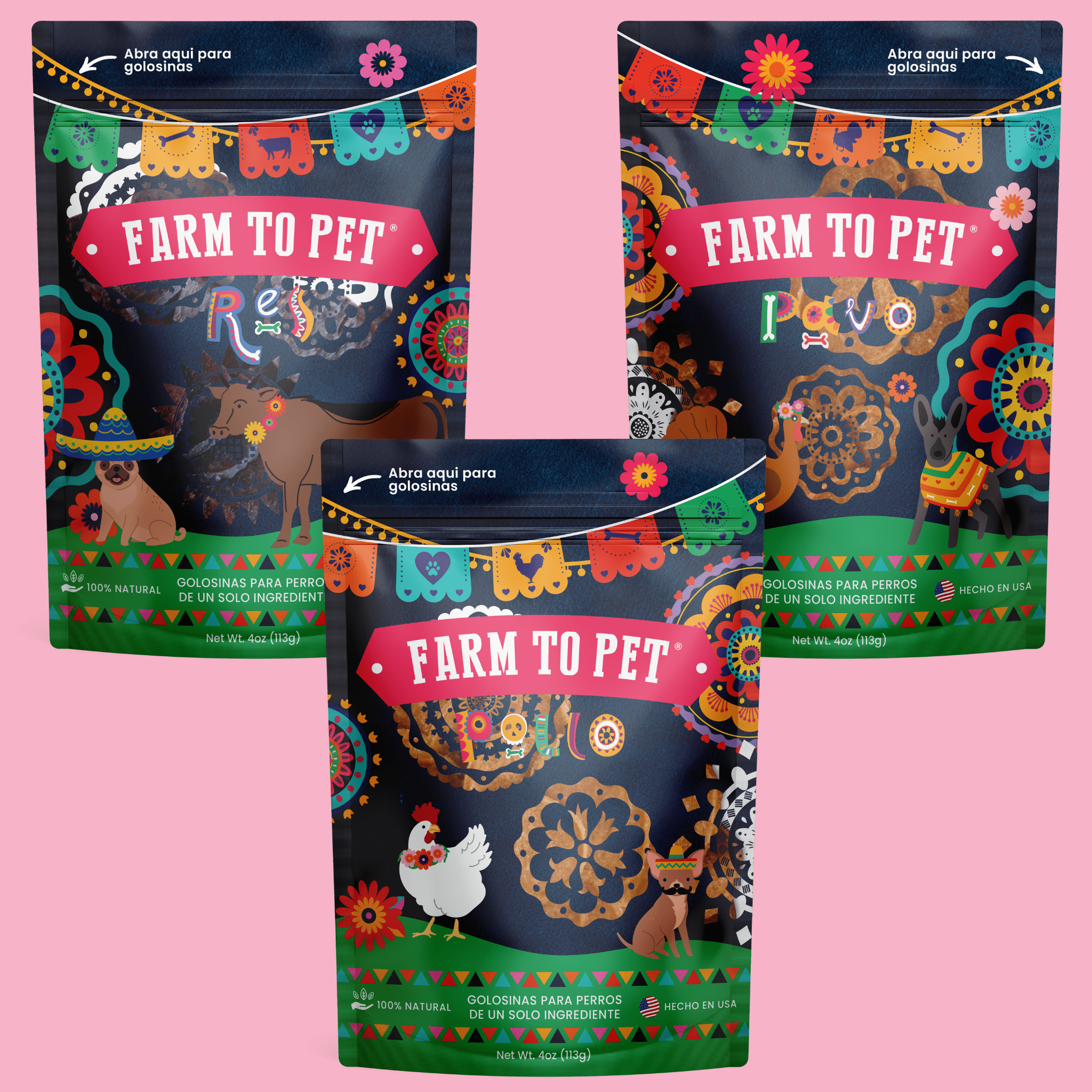 Three very colorful packages of Farm to Pet Fiesta dog food treats on a pink background.
