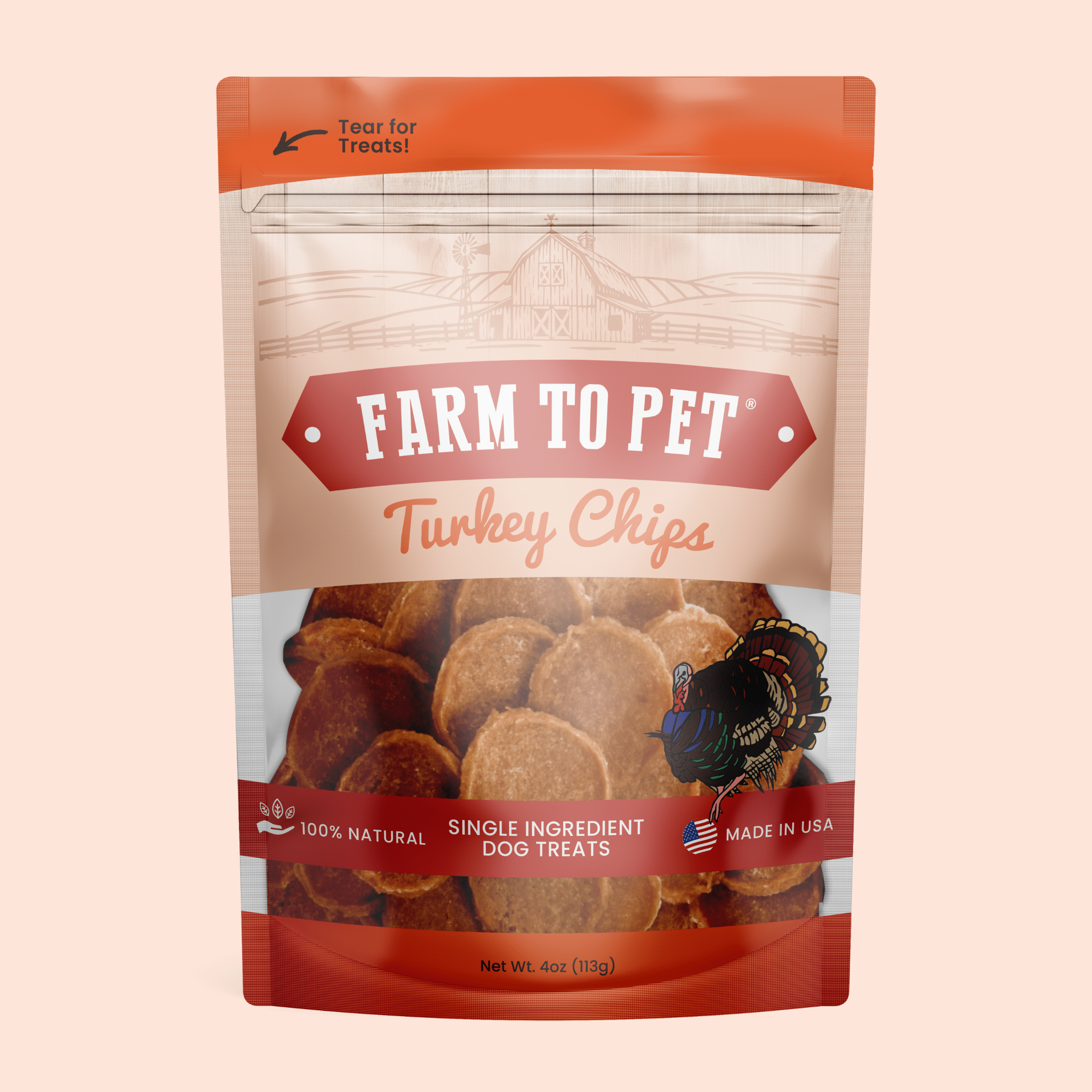 Package of Farm to Pet Turkey Chips dog treats on a beige background.