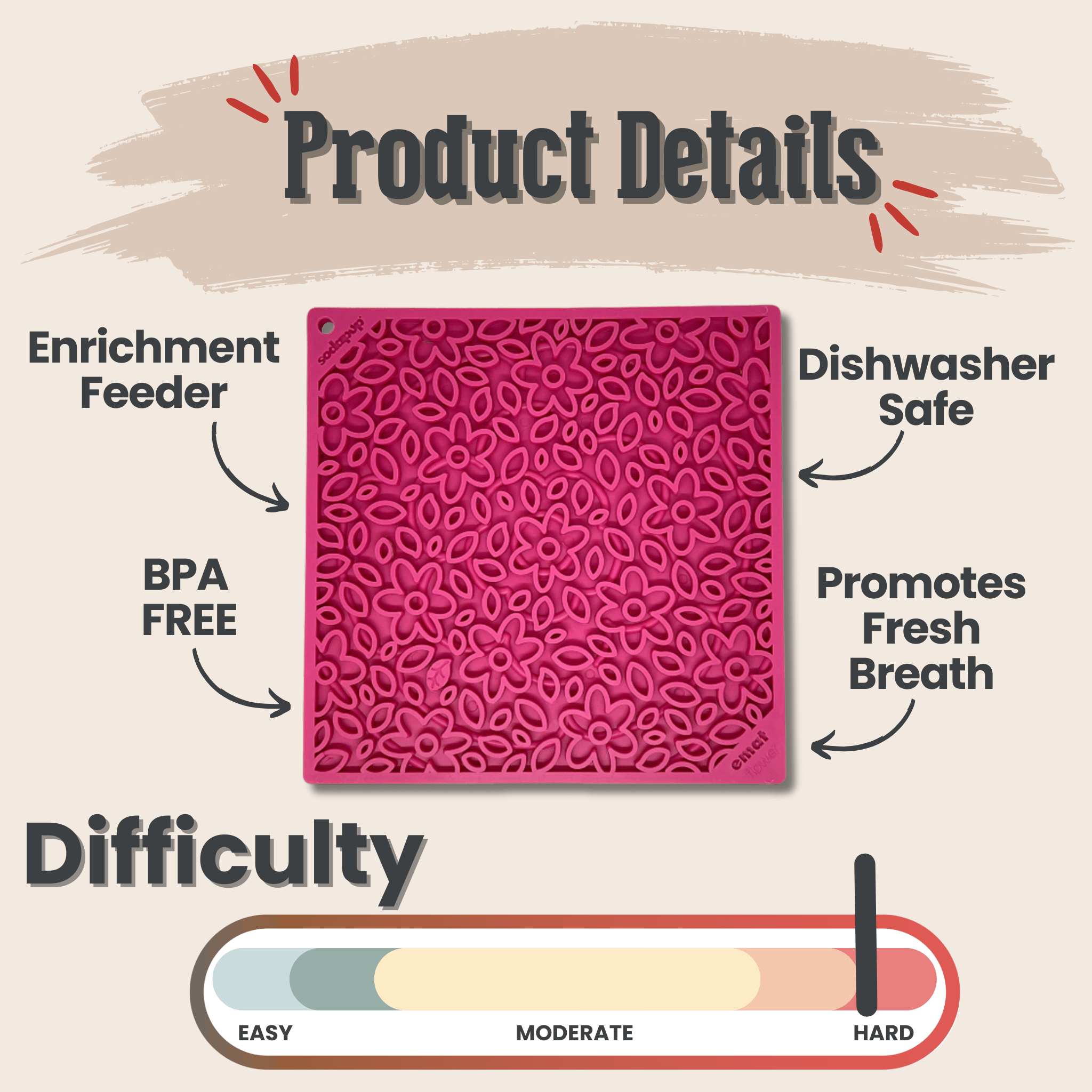 A Farm to Pet Pink Flower Power textured Lick mat with product features listed above it on a beige background.