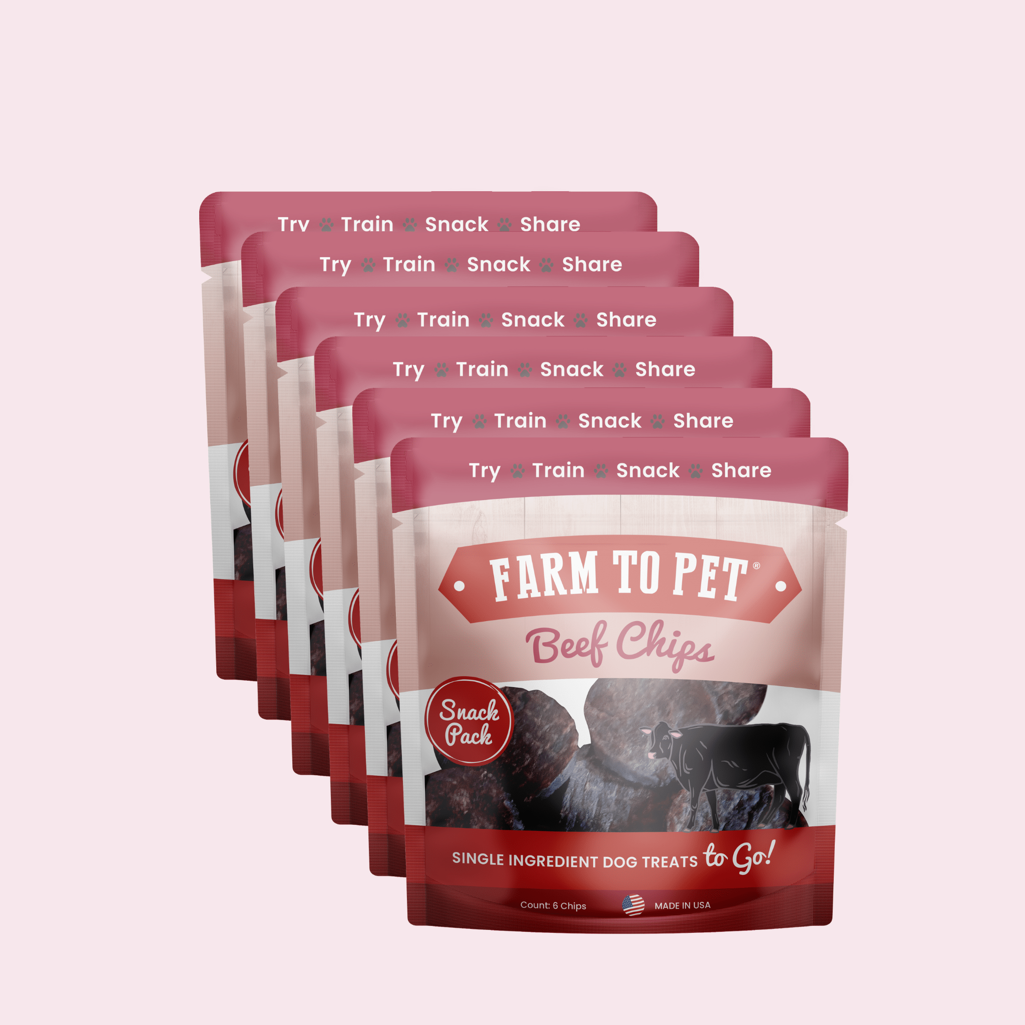 Multiple packages of Farm to Pet Beef Chips on a light pink background