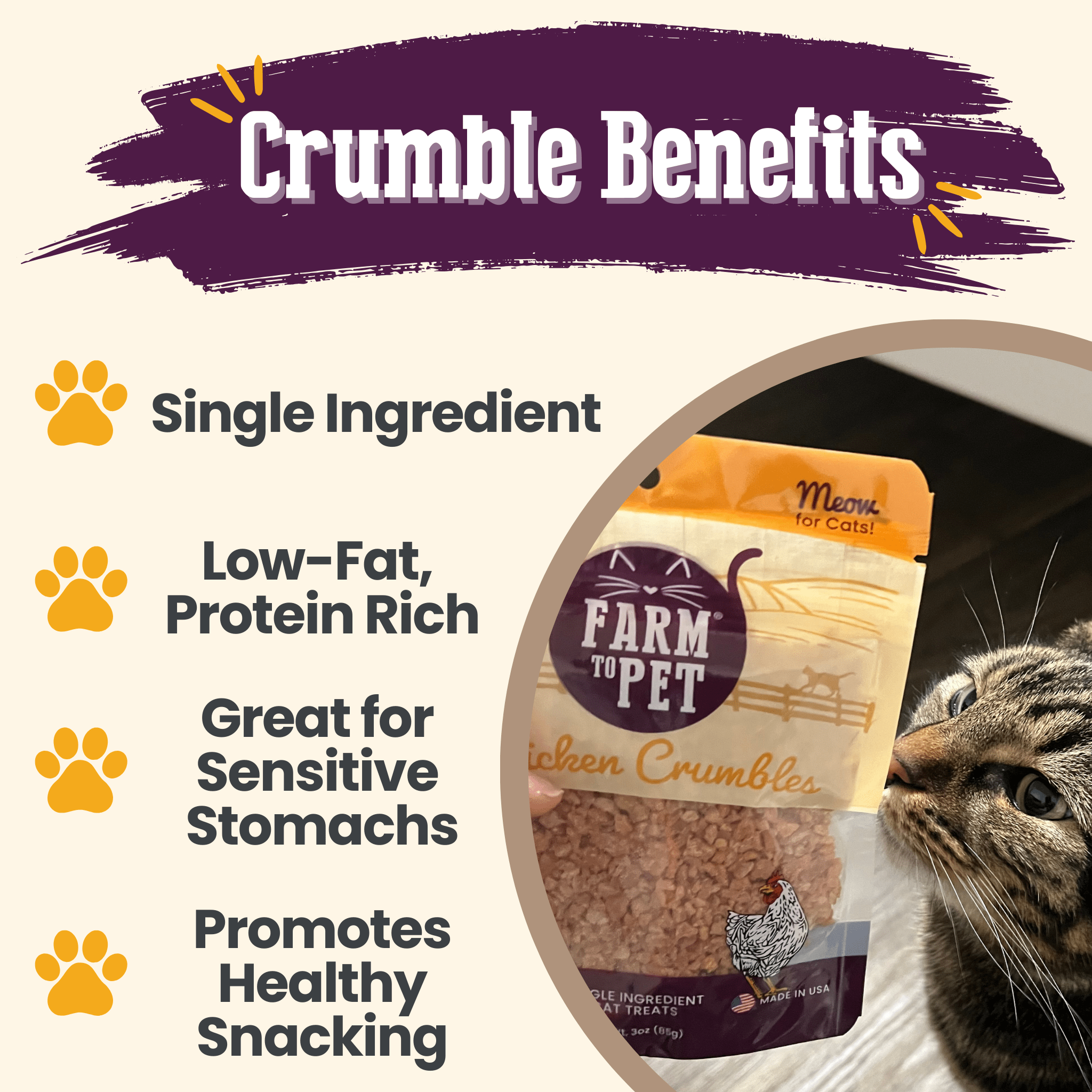 Farm to Pet Chicken Cat Crumbles with Crumble benefits for cats with a package and cat in the background
