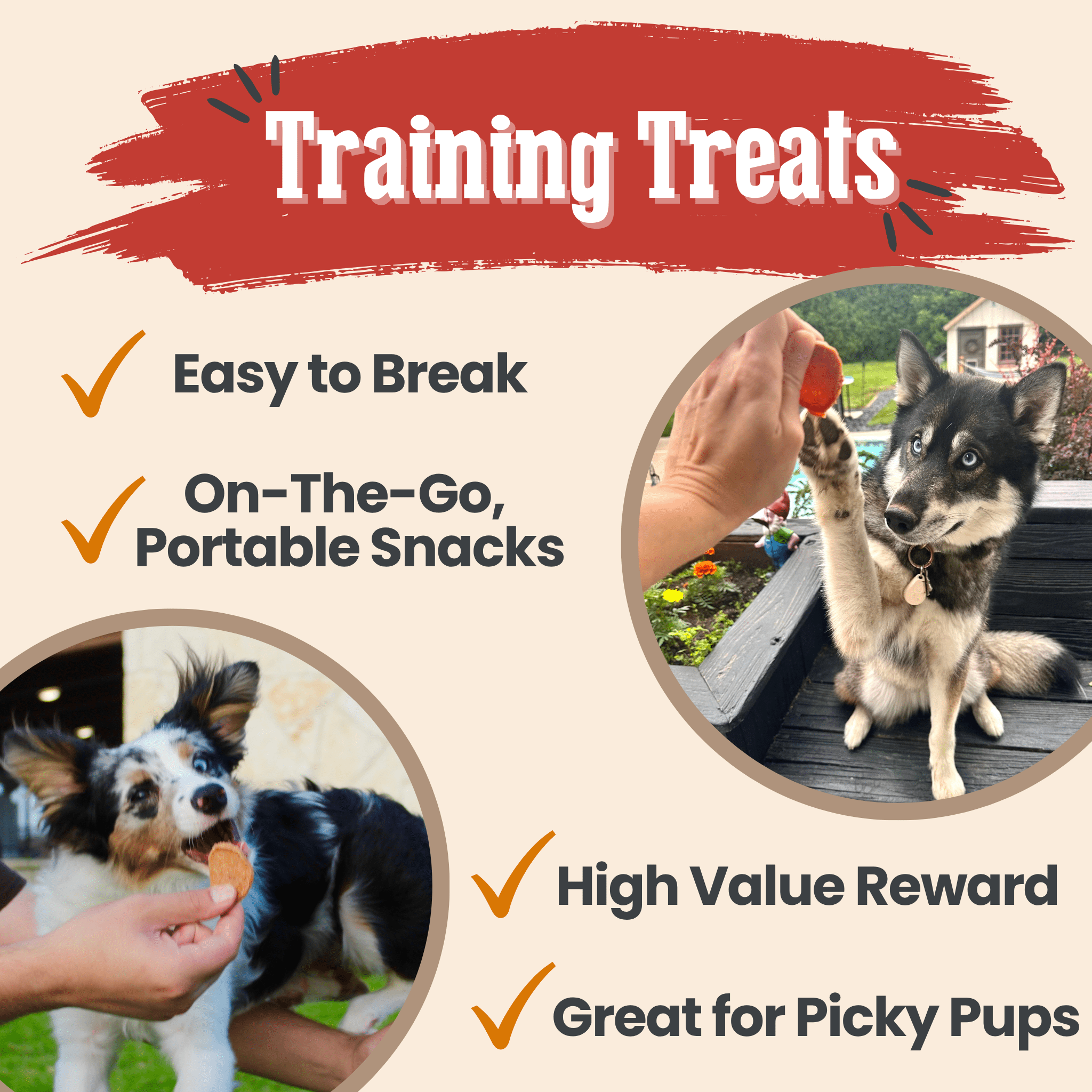 Farm to Pet dog training treats with images of two dogs receiving treats and text highlighting features.
