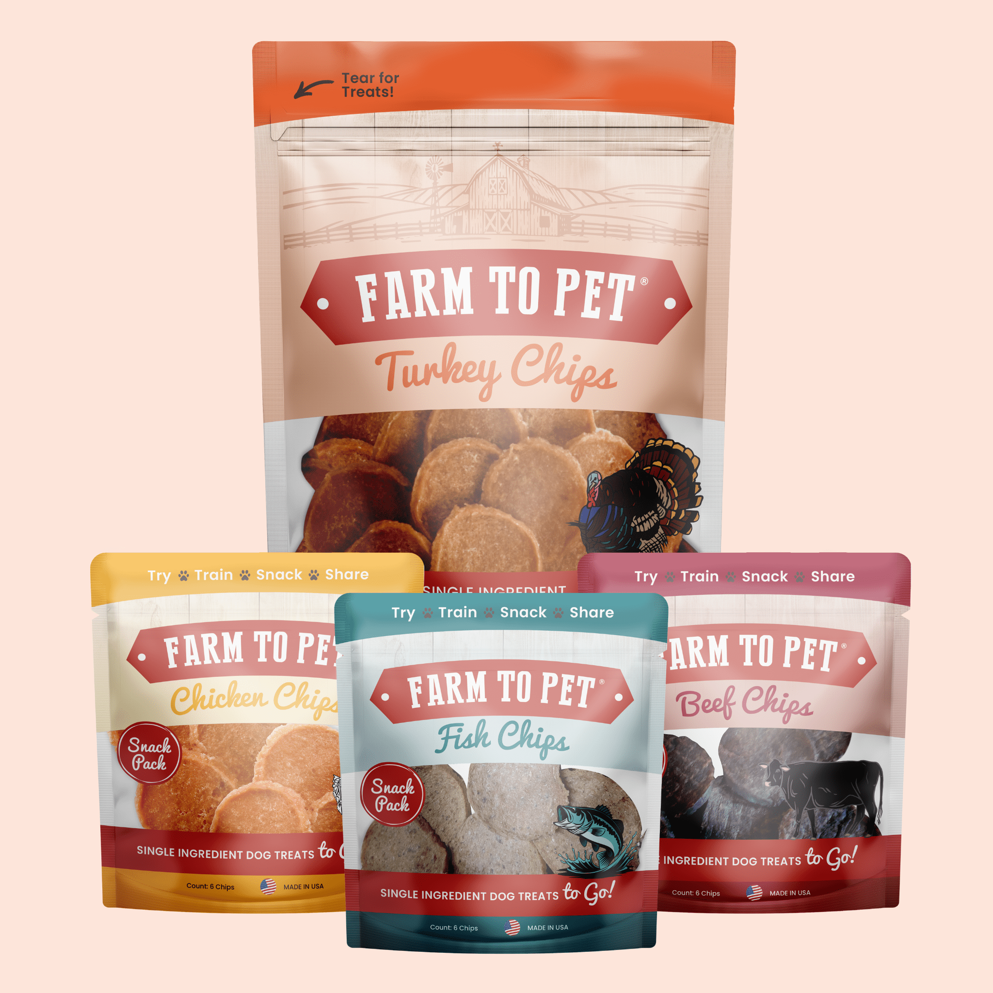 Four packages of 'Farm to Pet' dog treats on a beige background.