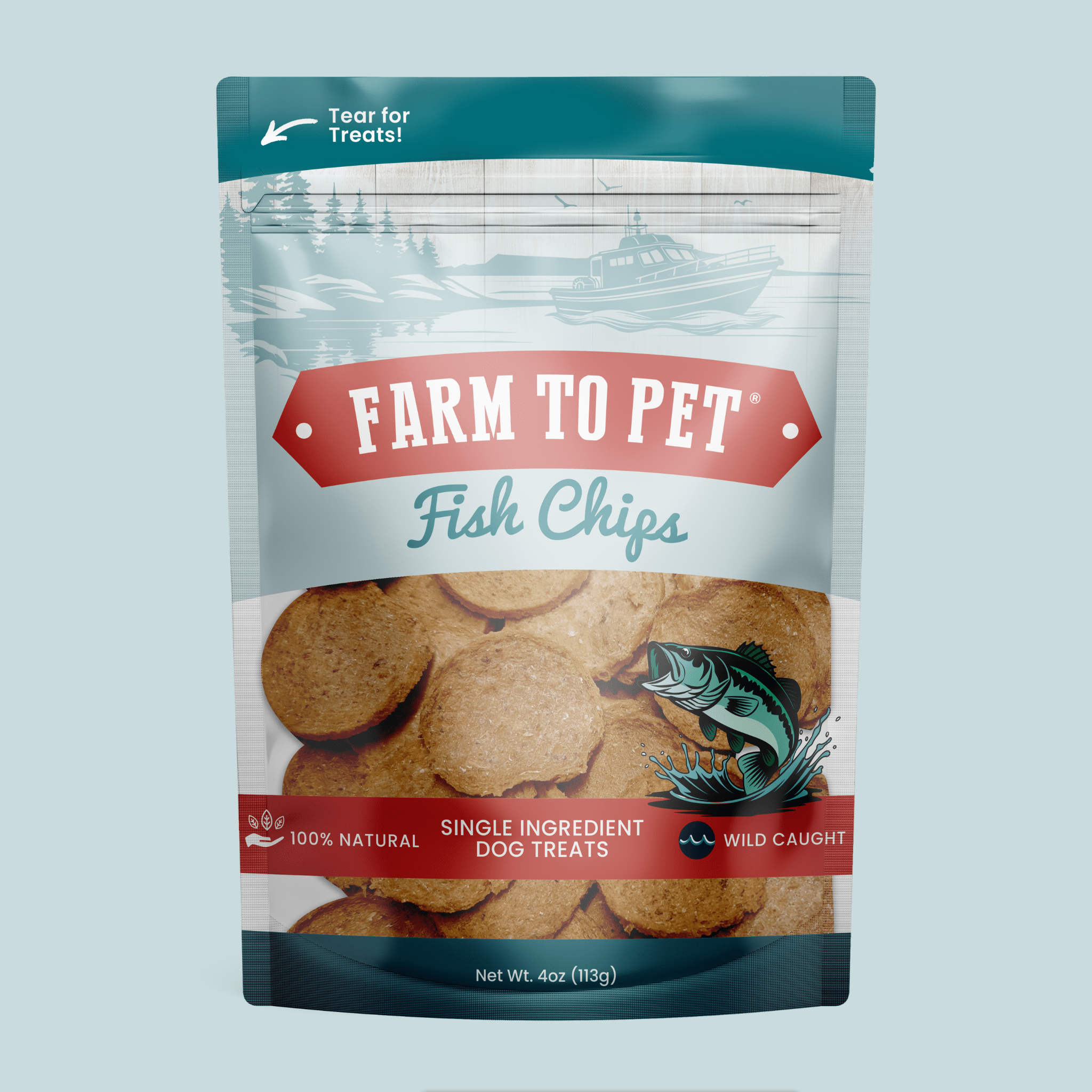 A package of Farm to Pet Fish Chips on a light blue background.