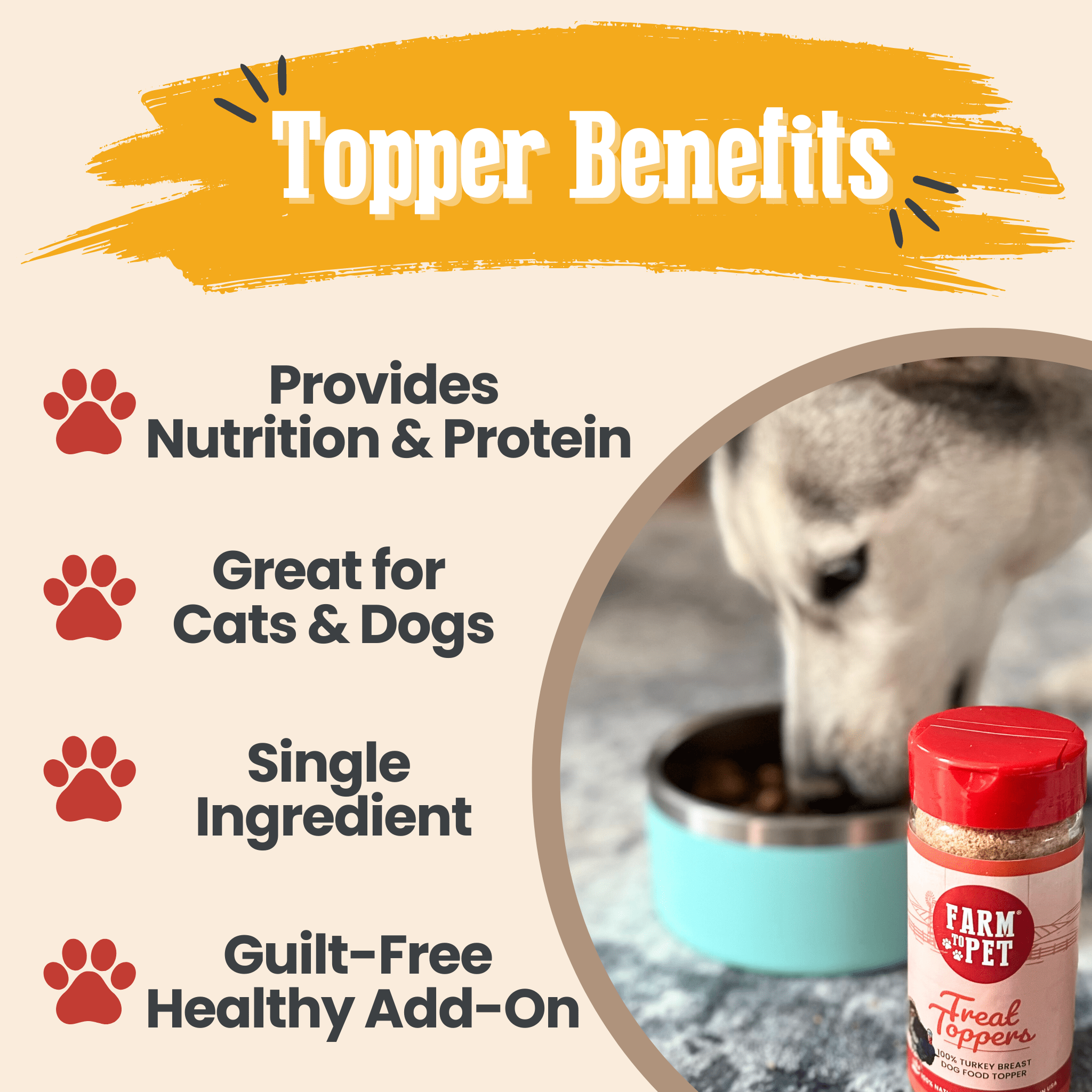 A list of Topper Benefits for Farm to Pet Treat Toppers with a dog eating out of a green bowl.
