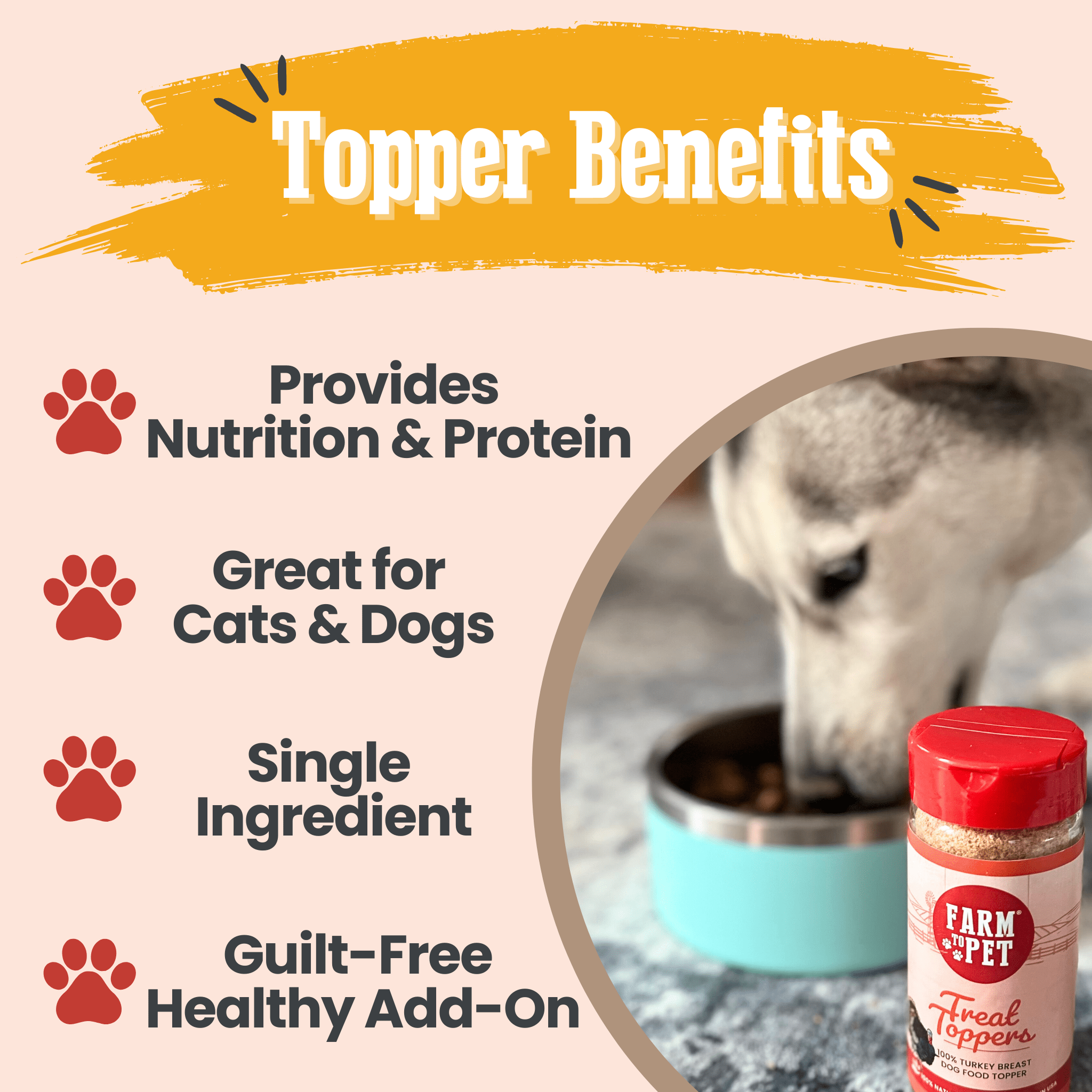 A list of Topper Benefits for Farm to Pet Treat Toppers with a dog eating from a  green bowl.
