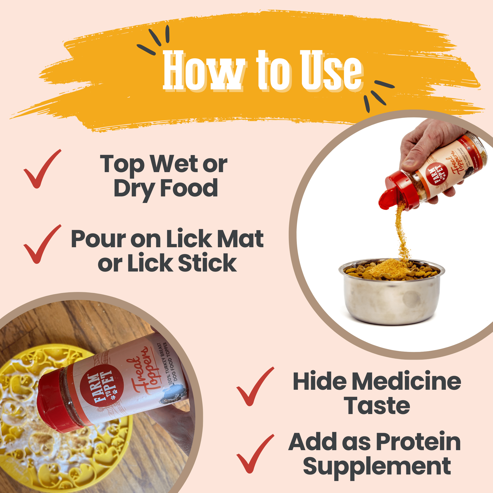 Instructions on how to use a Farm to Pet Treat Topper product with images and text.