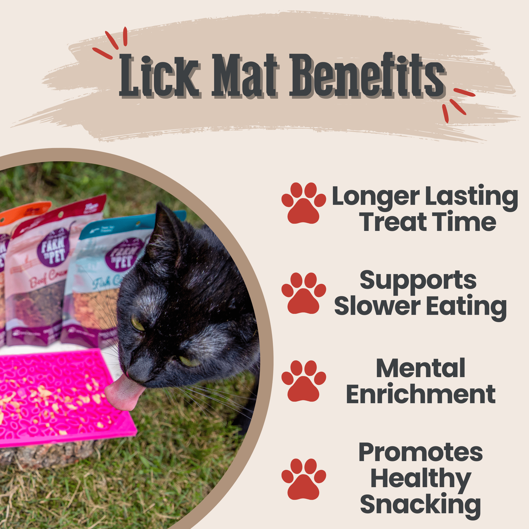 A Cat licking a pink lick mat from Farm to Pet with text listing benefits on a beige background