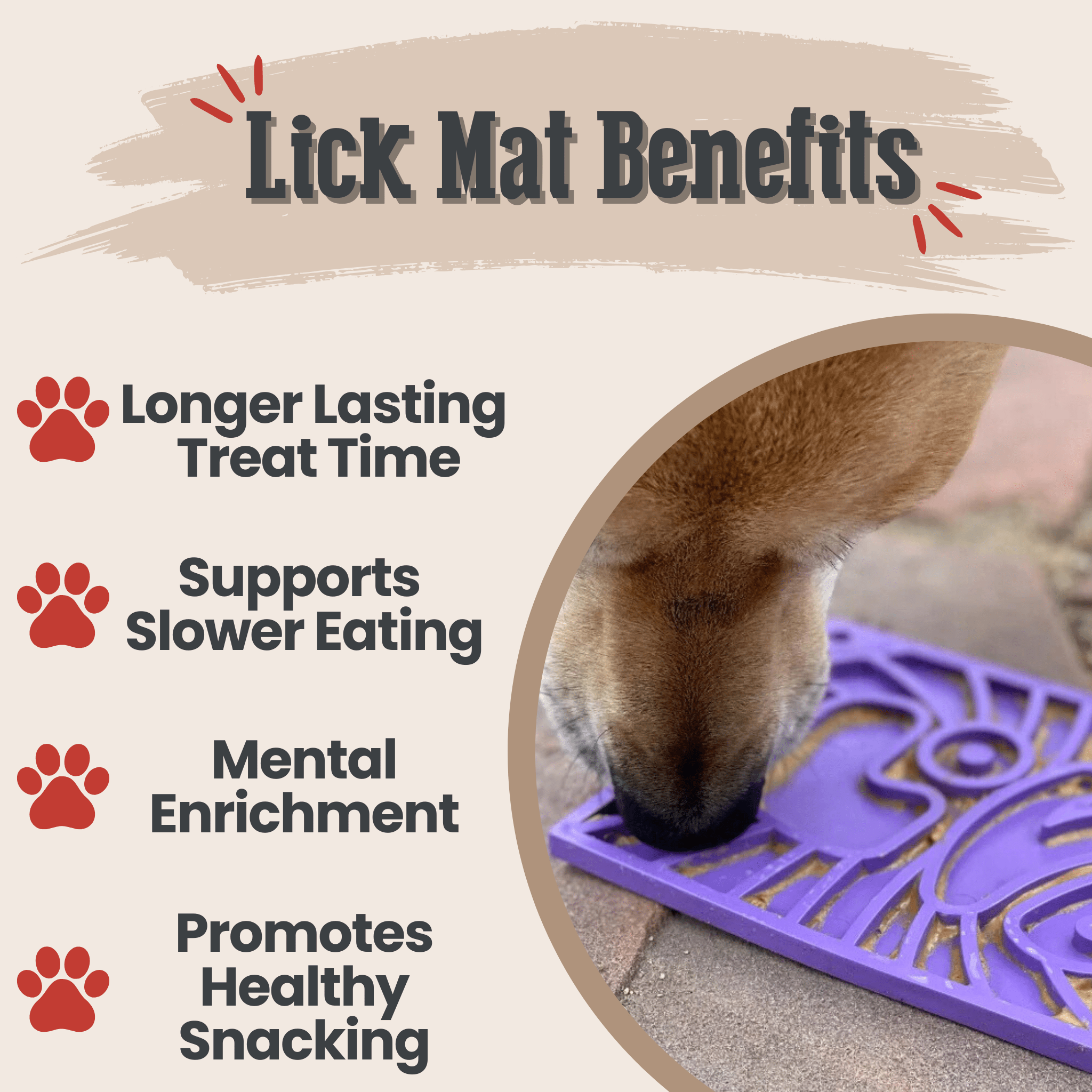 A dog using a Farm to Pet purple groovy lick mat on a beige background showing the benefits.