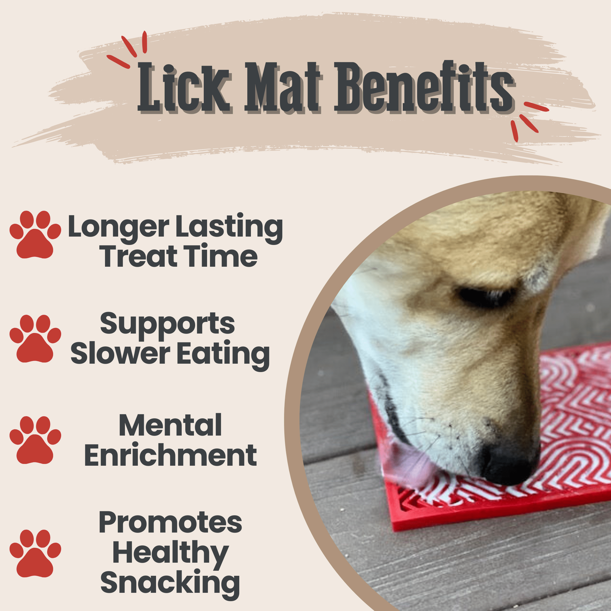 A Dog licking a Farm to Pet  red heart patterned  lick mat with text about lick mat benefits on a beige background.