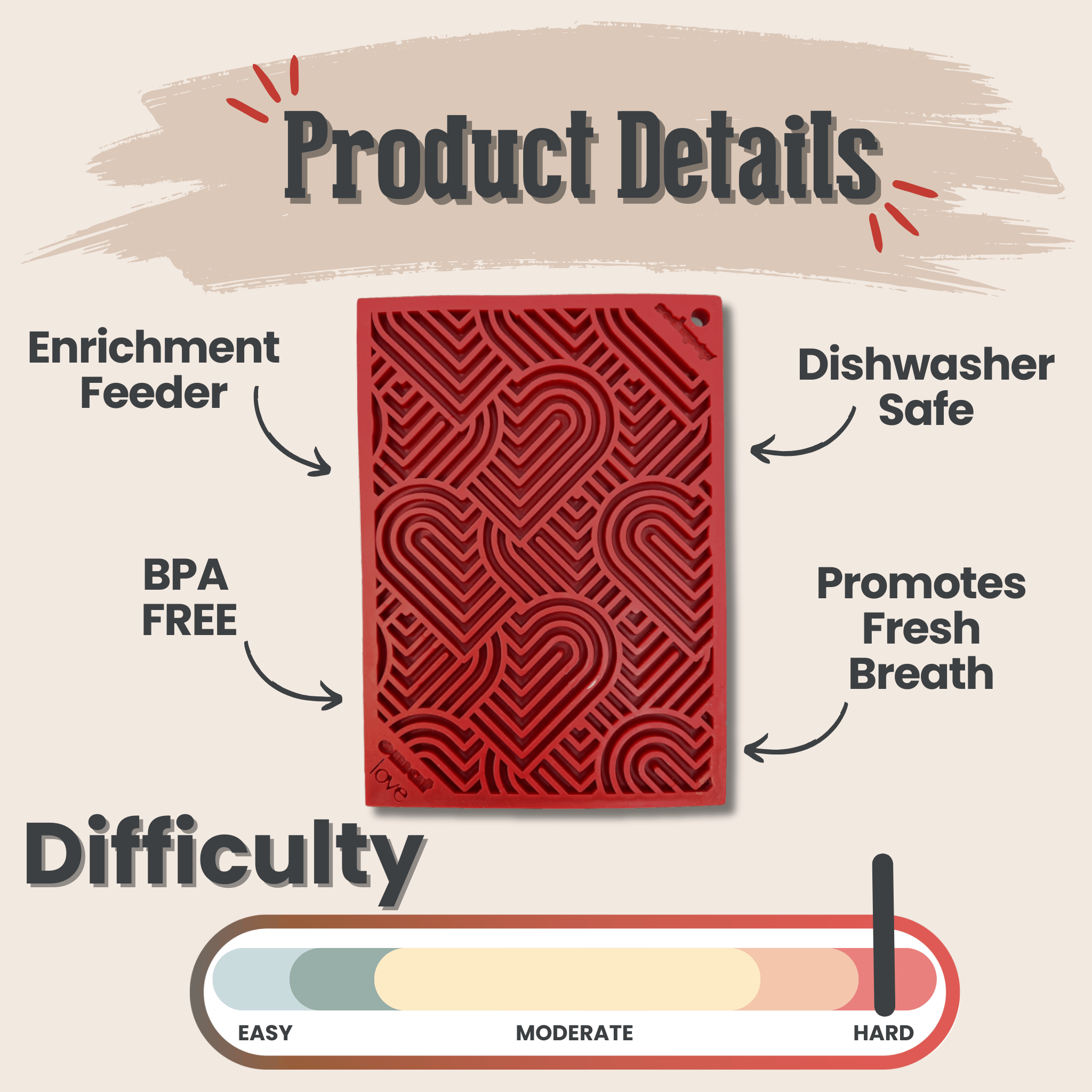 A Farm to Pet red heart enrichment feeder with product details and difficulty rating on a beige background