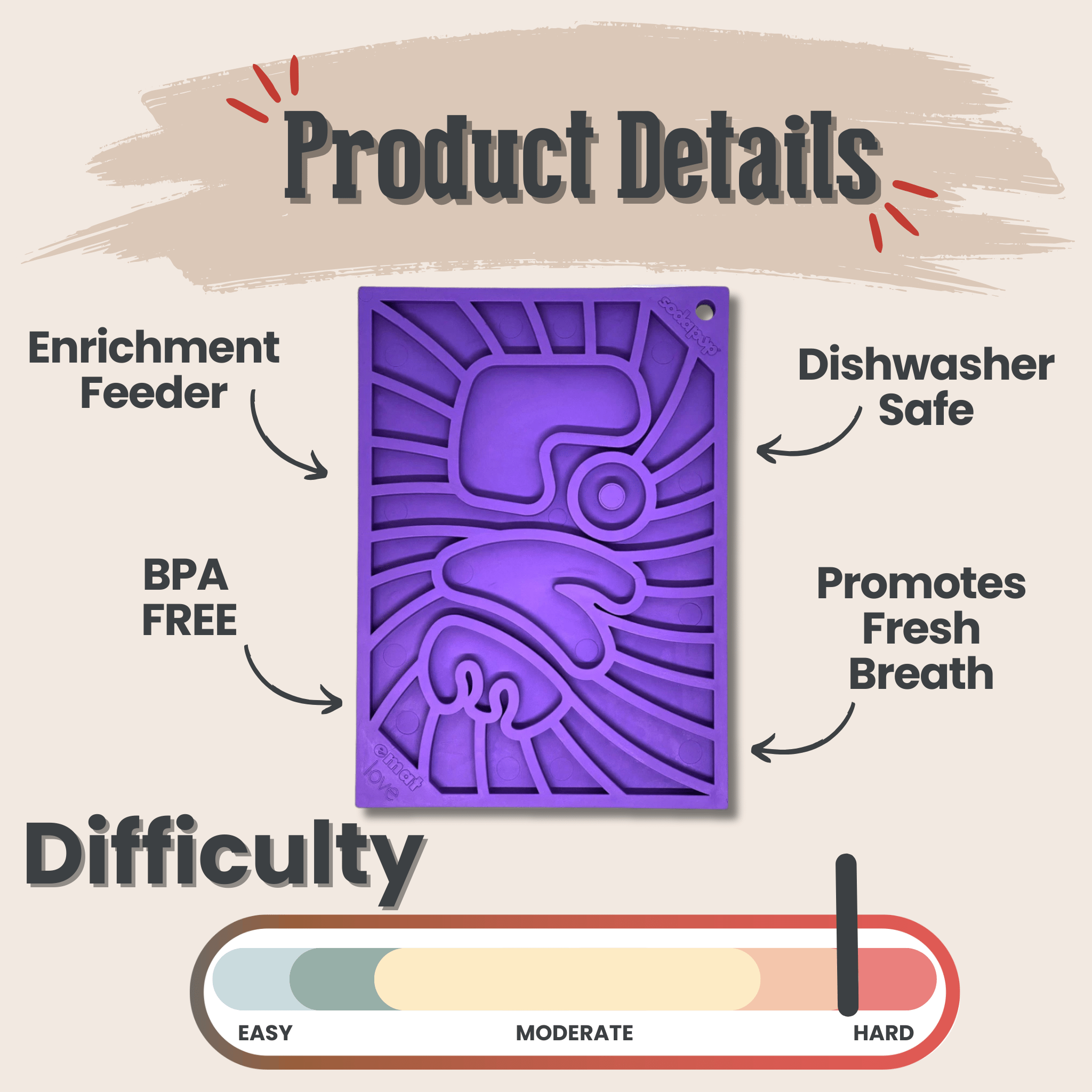 A Farm to Pet Purple Groovy Love enrichment feeder with text highlighting features and difficulty rating on a beige background