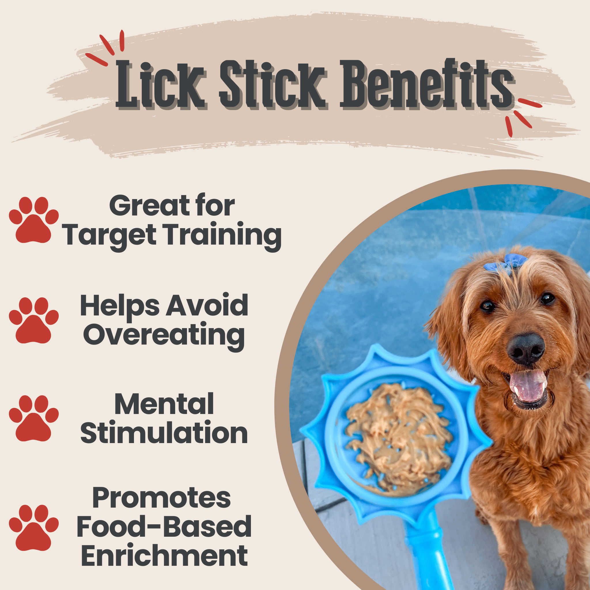 A Dog by a Farm to Pet blue flower lick stick with text highlighting benefits on a beige background.