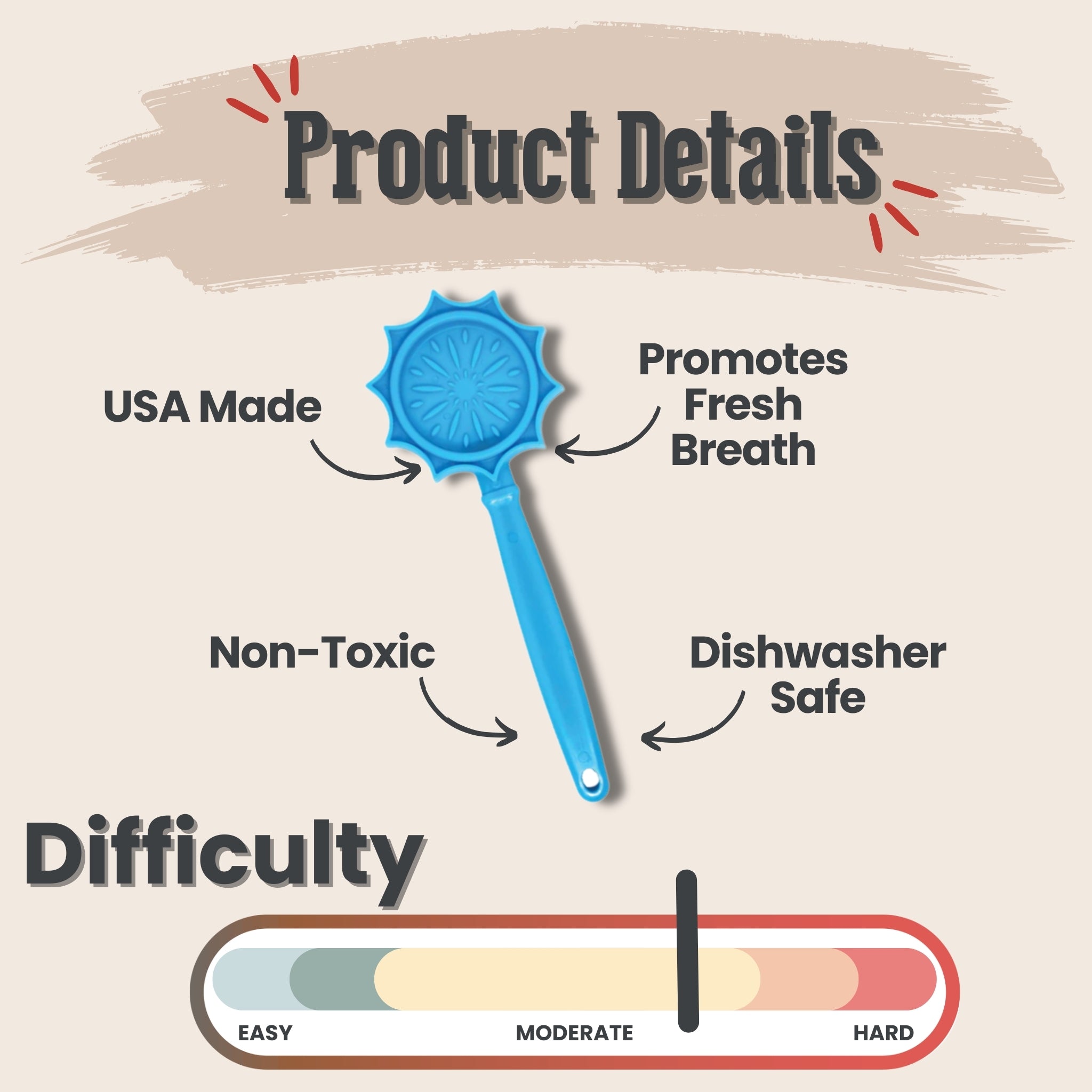 Product details and difficulty rating of a blue flower Farm to Pet Lick Stick promoting fresh breath, labeled as USA made, non-toxic, dishwasher safe, and easy to use.