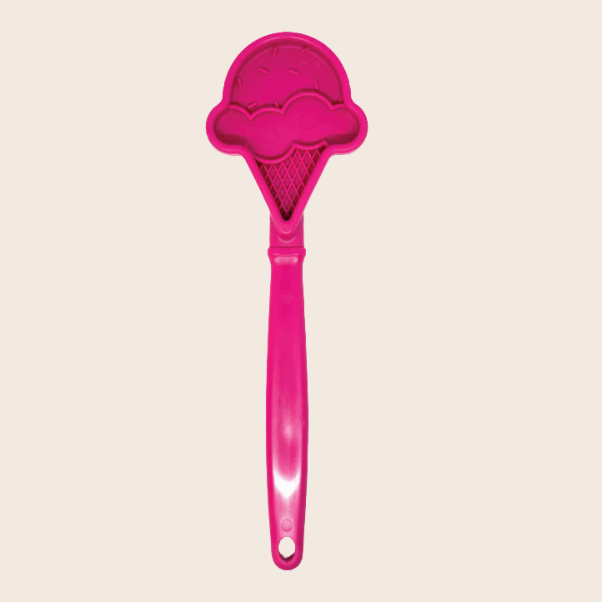 Farm to Pet Lick Stick Pink ice cream scoop on a beige background.