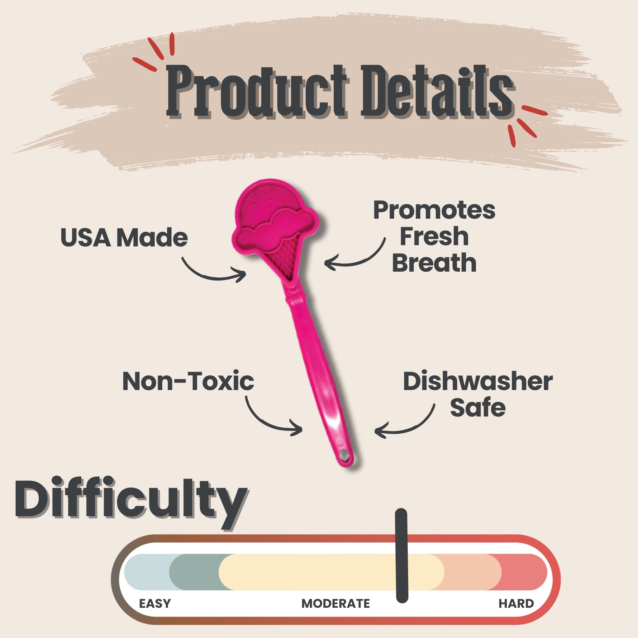 Product details and difficulty rating of a Farm to Pet pink ice cream lick stick with text on a beige background.