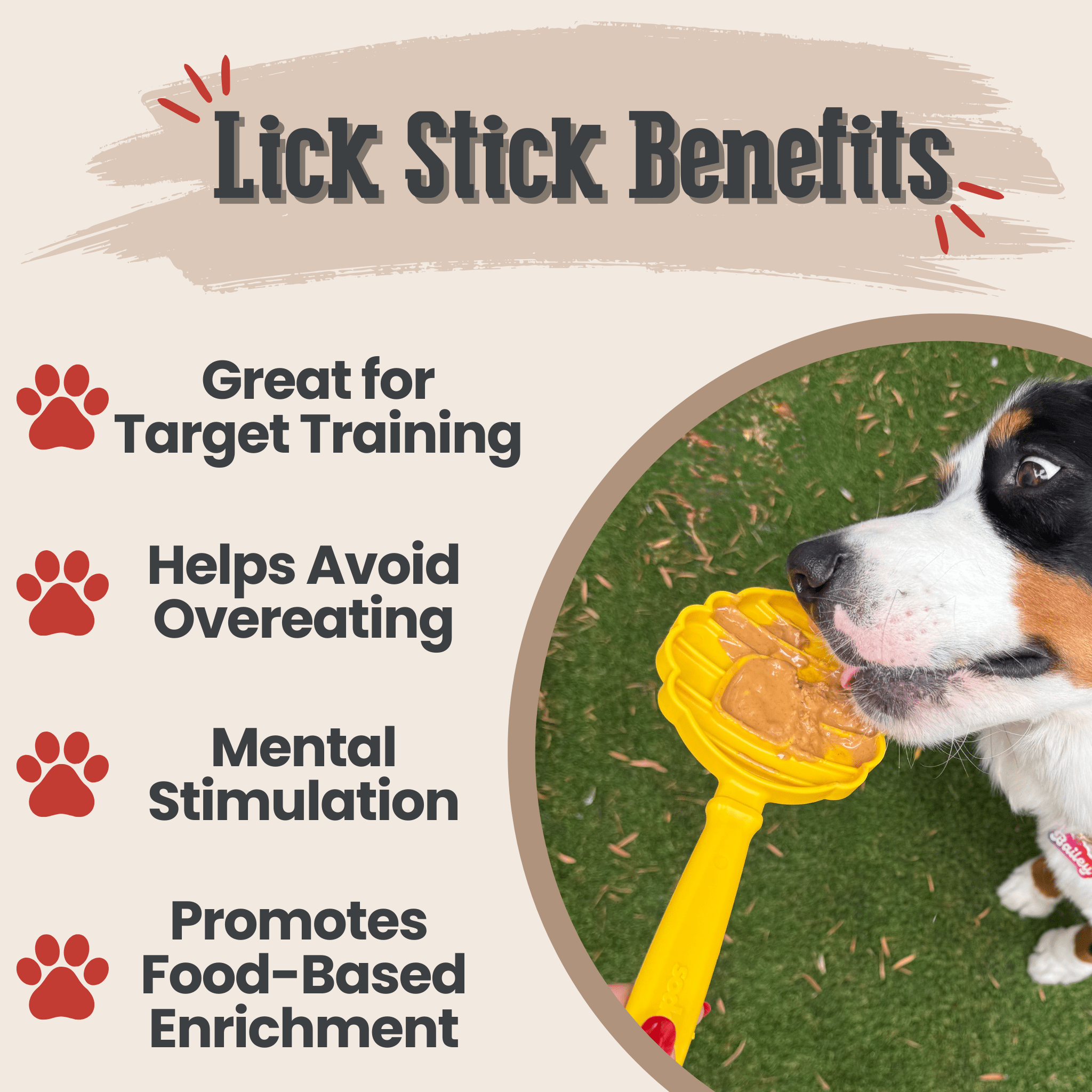 A Dog licking a Farm to Pet yellow beehive lick stick with text listing benefits on a beige background.