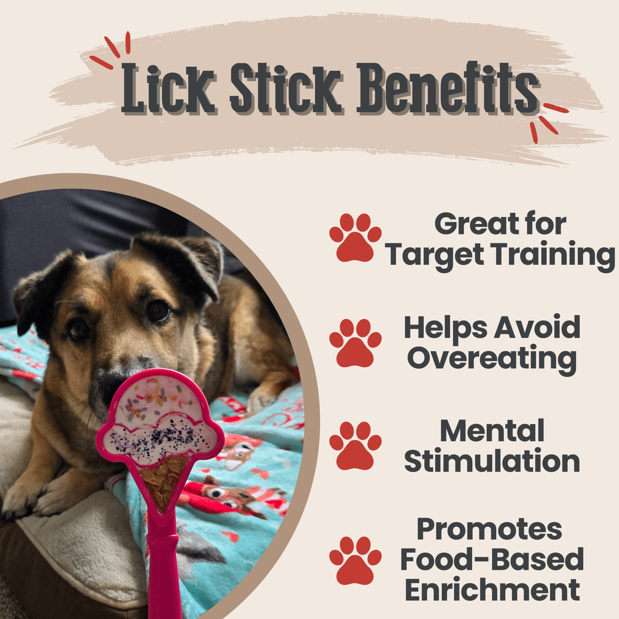 Dog with a Farm to Pet pink ice cream lick stick and text about its benefits on a beige background.