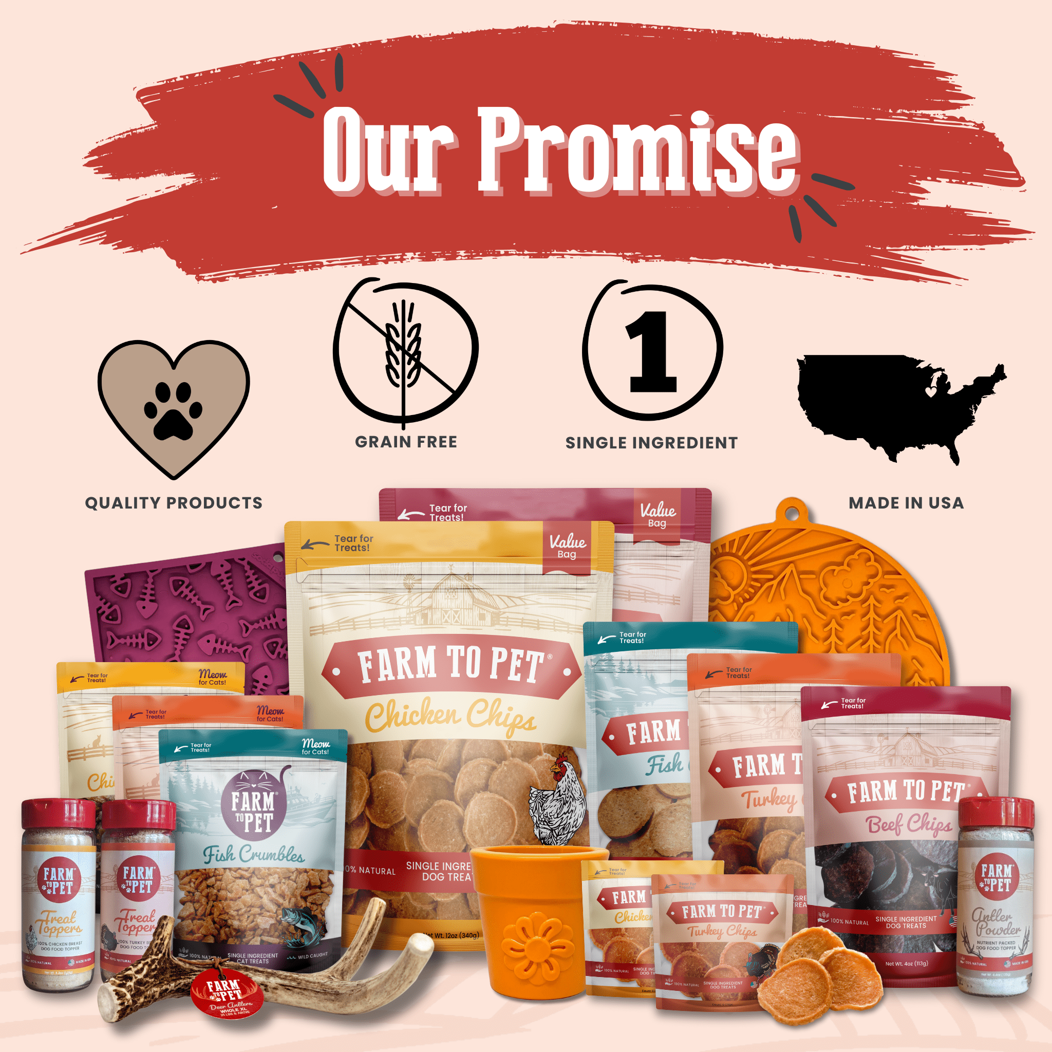 A Collection of Farm to Pet treat products and accessories branding on a light pink background with Our Promise.
