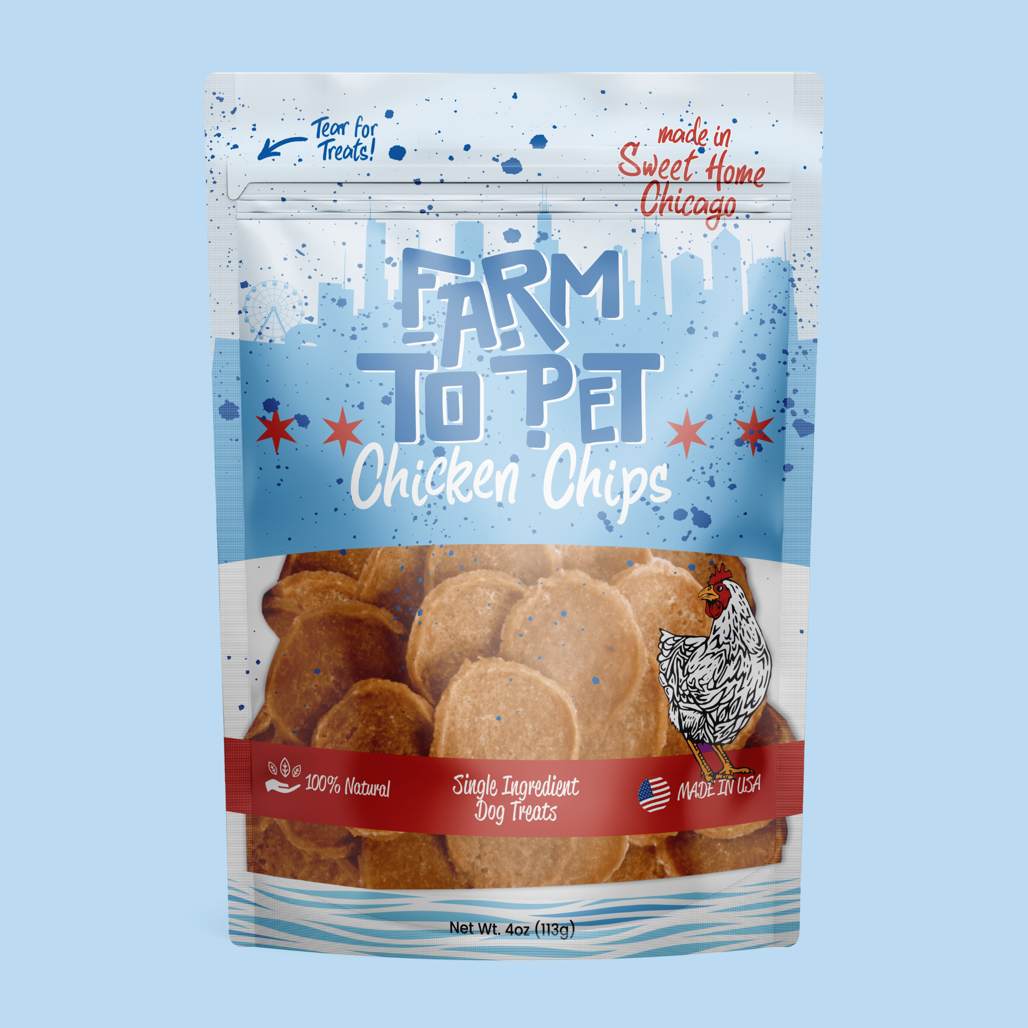 Package of Farm to Pet Chicago Chicken Chips with the city skyline on a light blue background