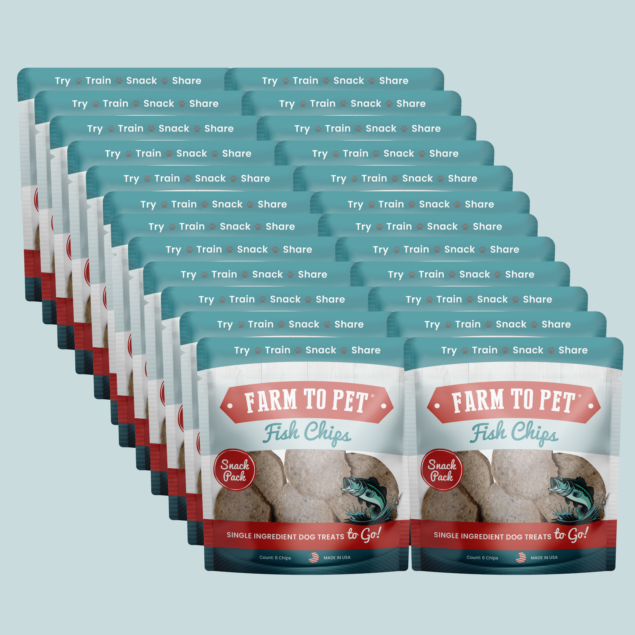 Multiple packages of Farm to Pet Fish Chips on a light blue background.