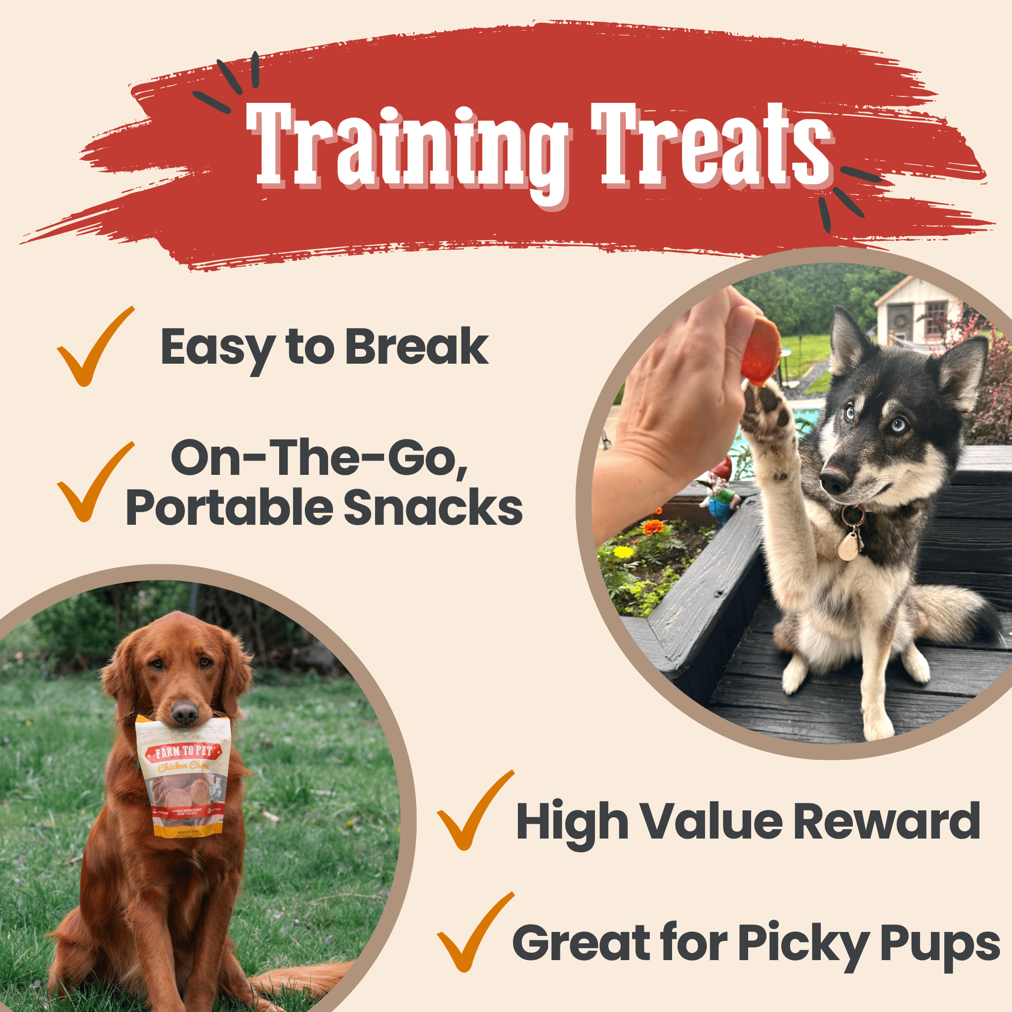 Farm to Pet dog training treats with images of two dogs one with his paw up and the other holding a treat bag and text highlighting features.